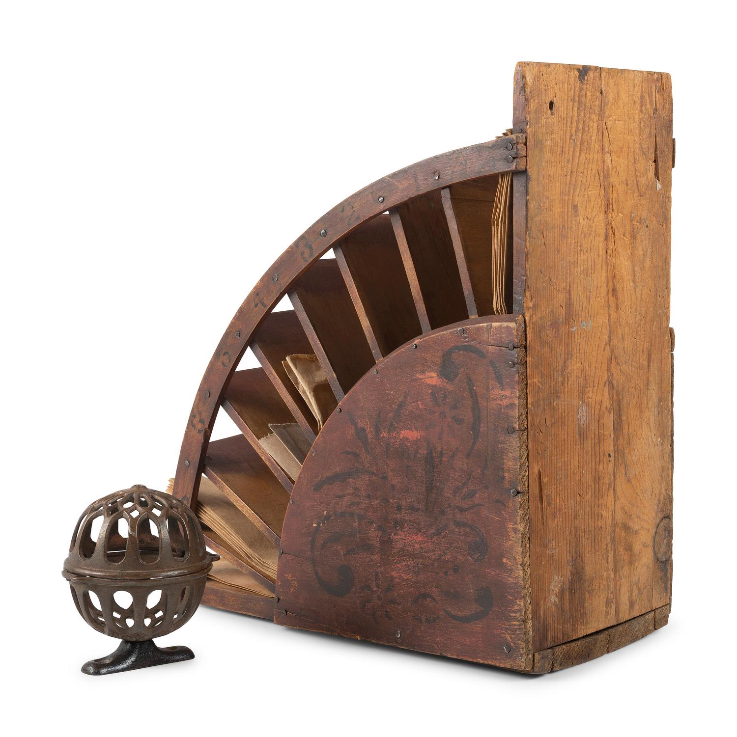 A Stenciled Wood Stratton & Bird Countertop Bag Rack