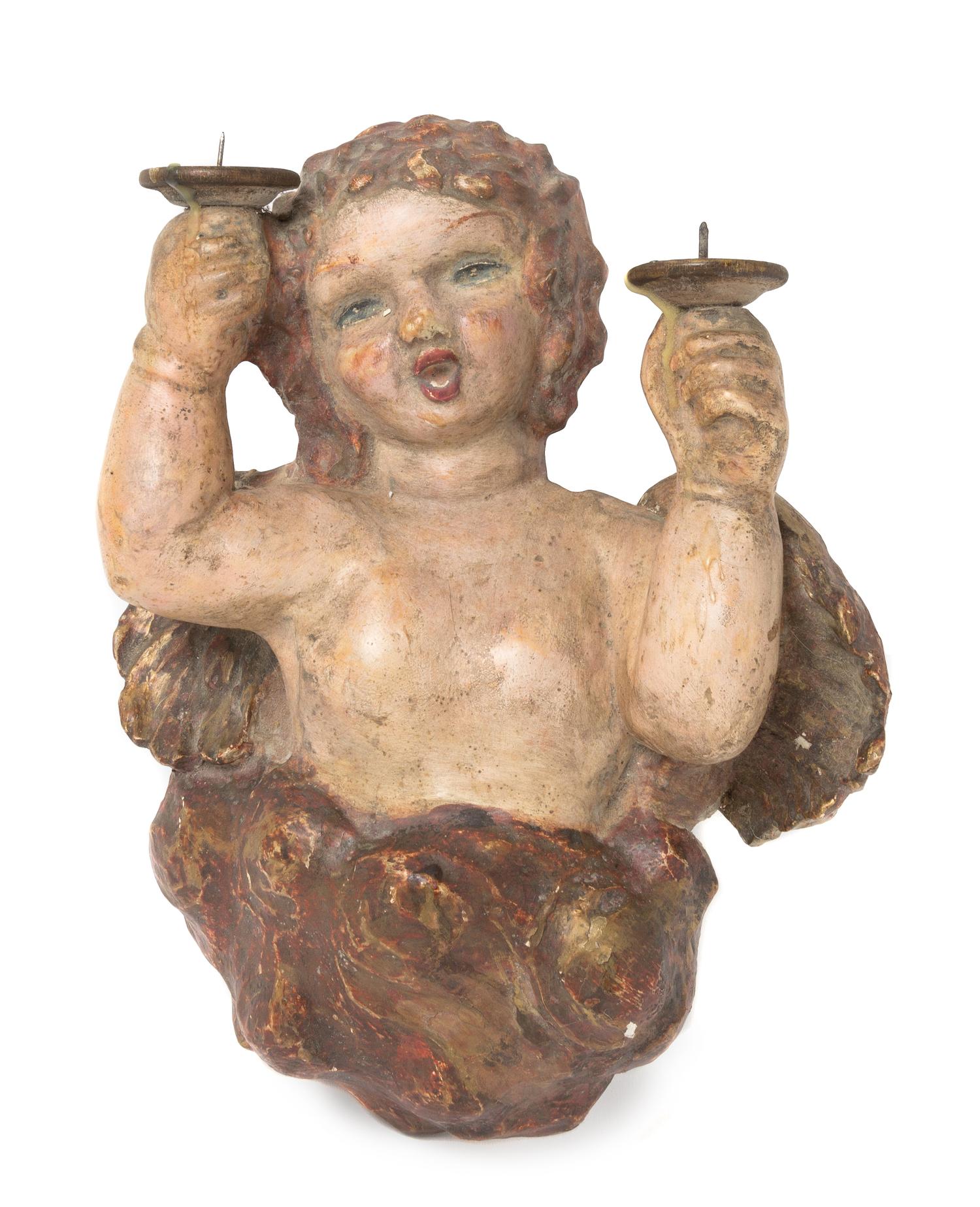 A Continental Carved and Polychromed Two-Light Sconce Height 13 inches. — 18TH/19TH CENTURY