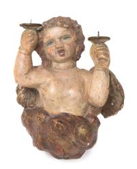 A Continental Carved and Polychromed Two-Light Sconce Height 13 inches. — 18TH/19TH CENTURY