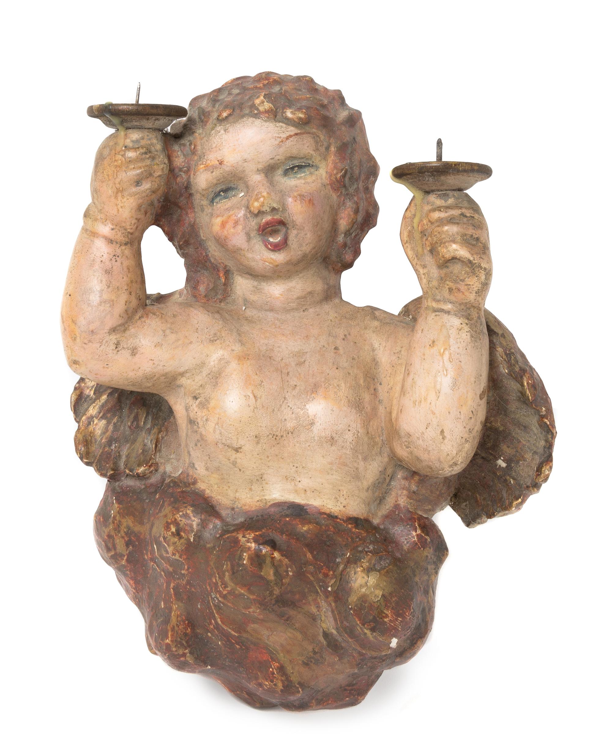 A Continental Carved and Polychromed Two-Light Sconce Height 13 inches. — 18TH/19TH CENTURY