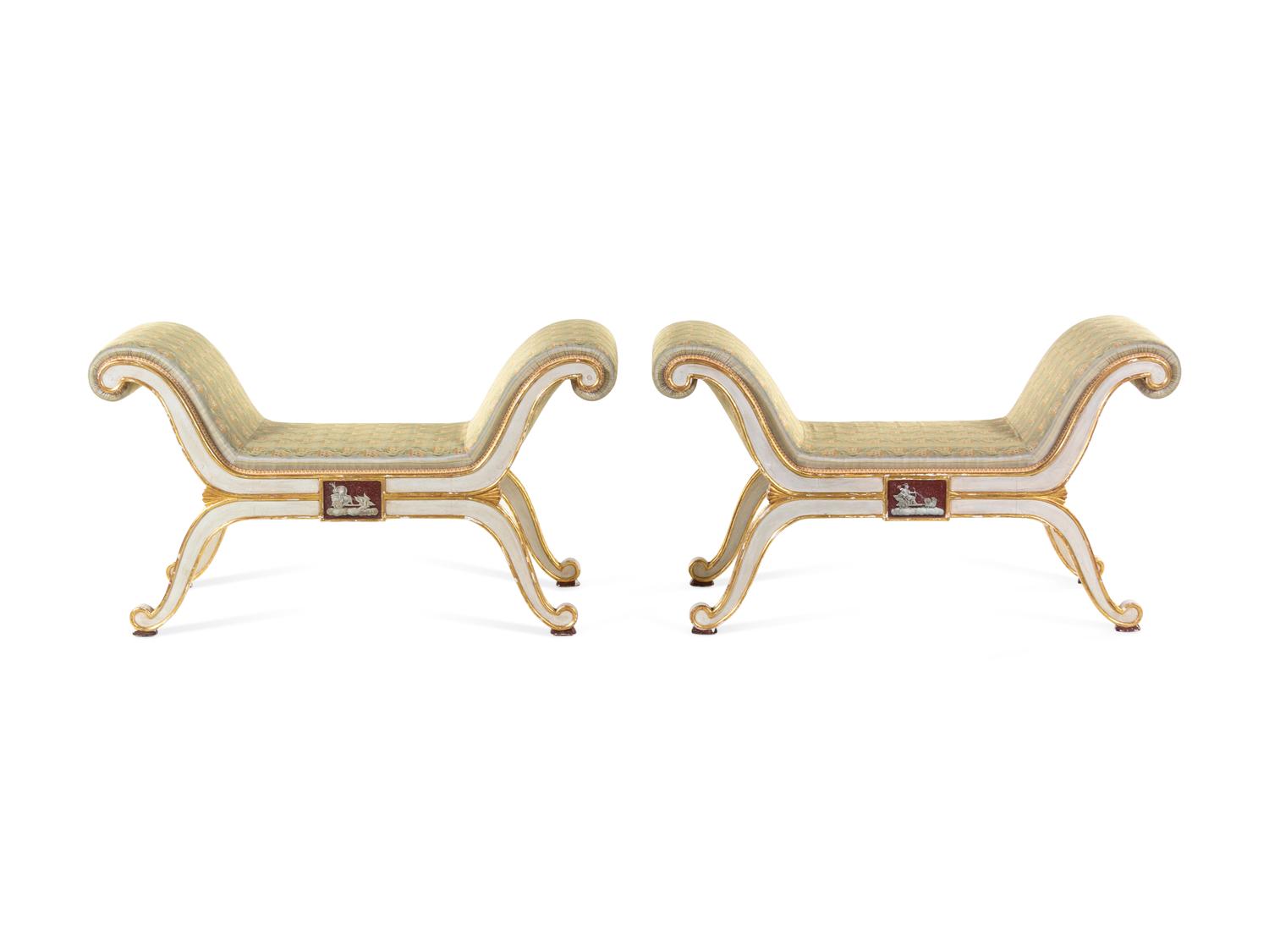 A Pair of Russian Parcel Gilt and White-Painted Window Seats