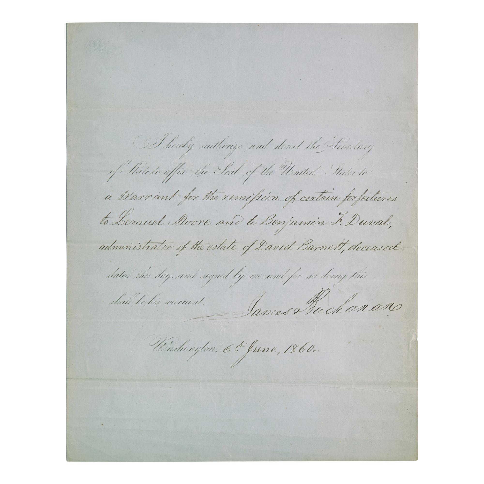 [Presidential] Buchanan, James. Partially-printed document, signed