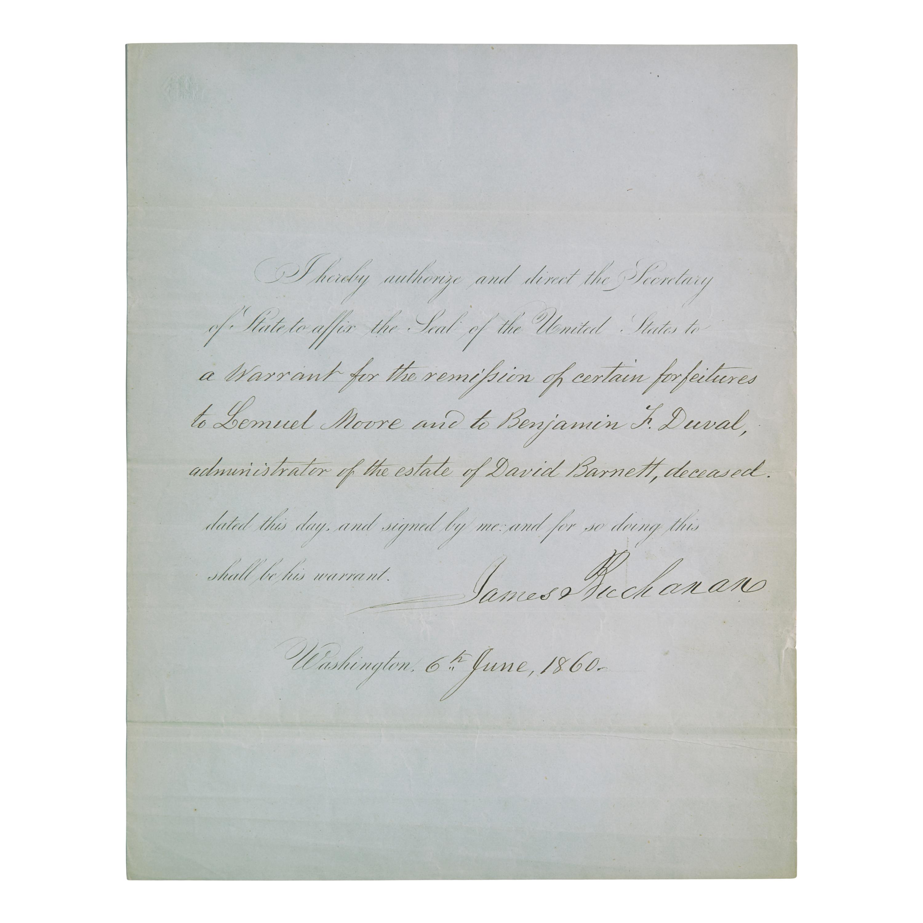 [Presidential] Buchanan, James. Partially-printed document, signed