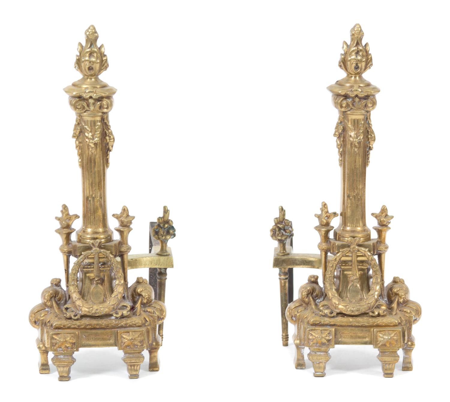 A Pair of Louis XVI Style Gilt Bronze Chenets Height 19 3/4 inches. — 19TH CENTURY