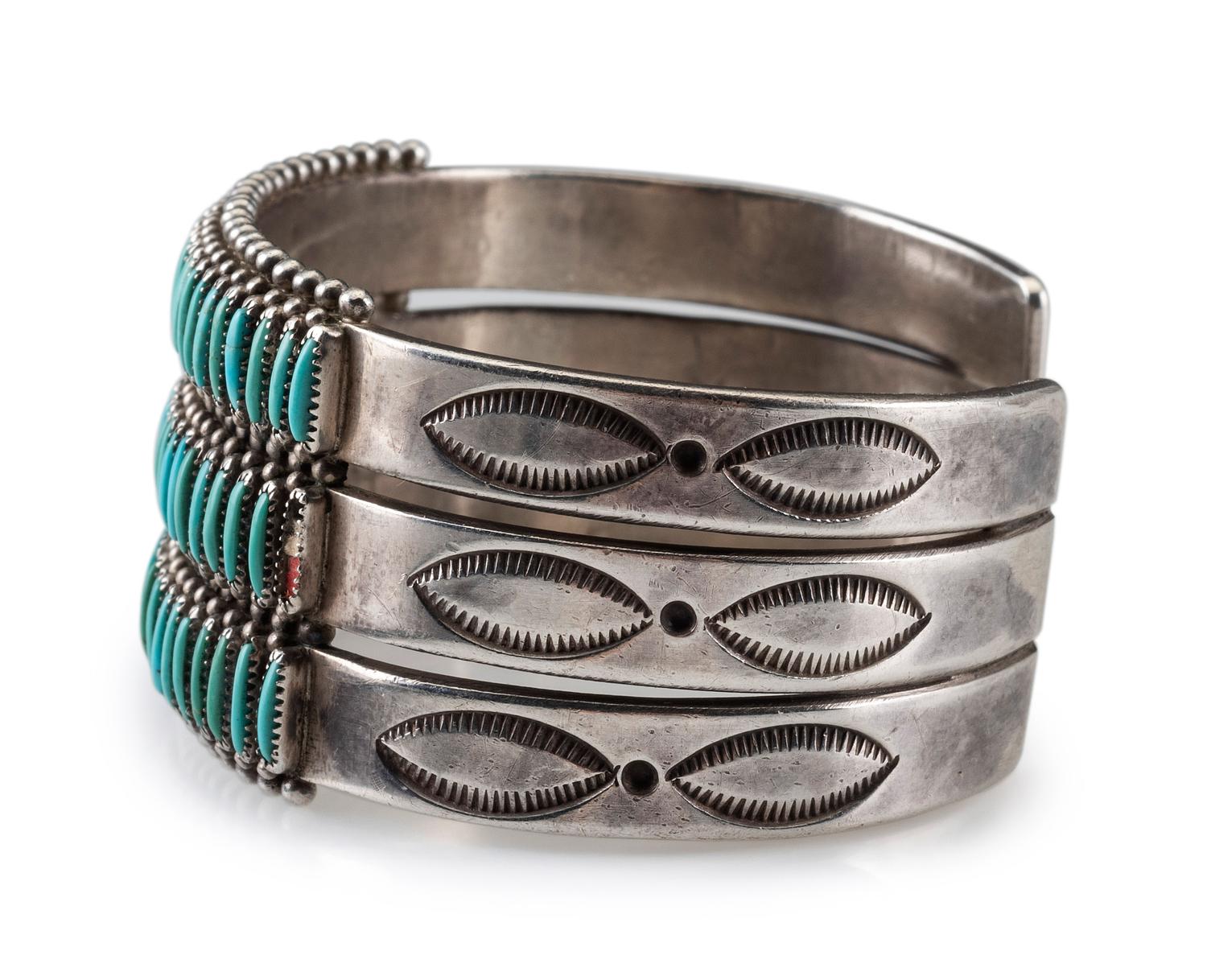 Navajo or Zuni Stamped Silver Cuff Bracelet, with Needle Point Turquoise