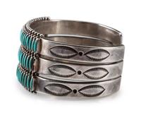 Navajo or Zuni Stamped Silver Cuff Bracelet, with Needle Point Turquoise