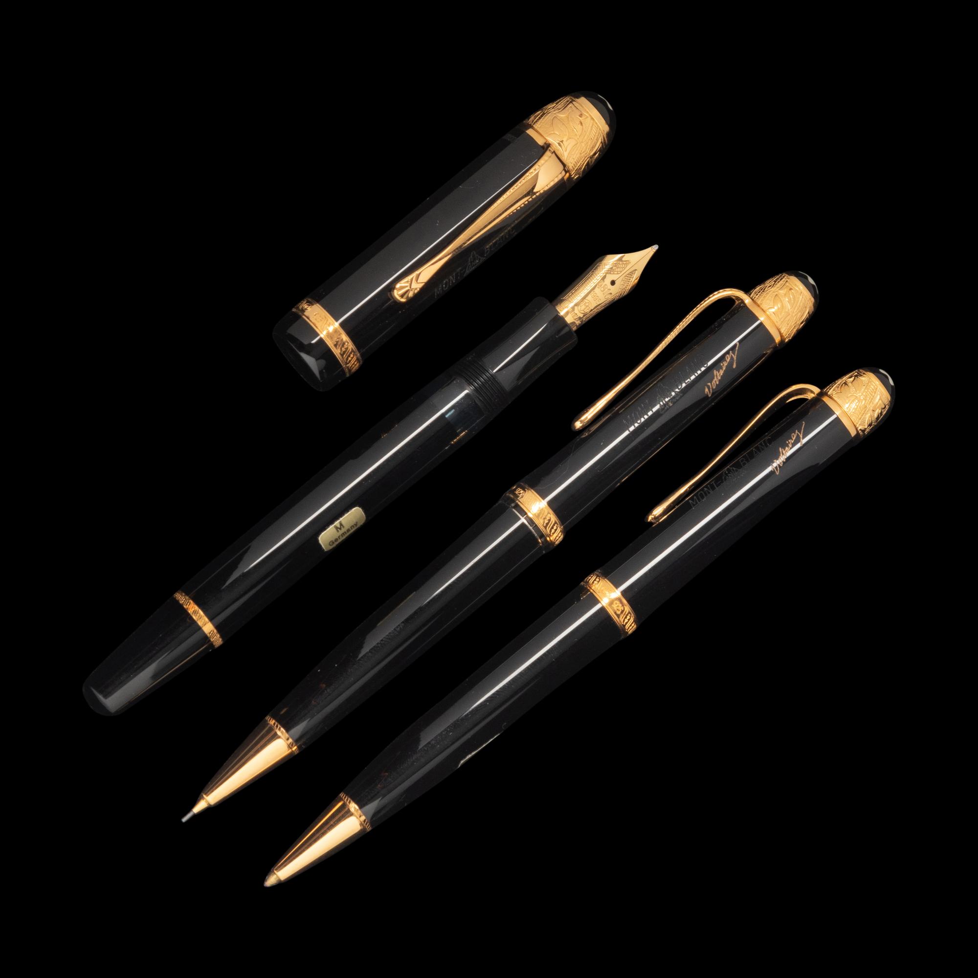 A Montblanc Limited Edition Voltaire Fountain Pen, Rollerball Pen and Mechanical Pencil Set