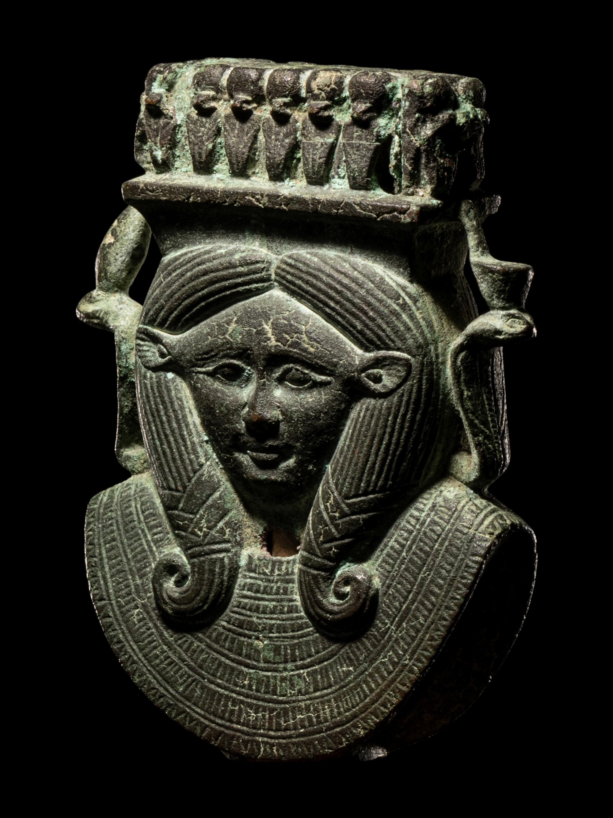 An Egyptian Bronze Hathor Sistrum Terminal