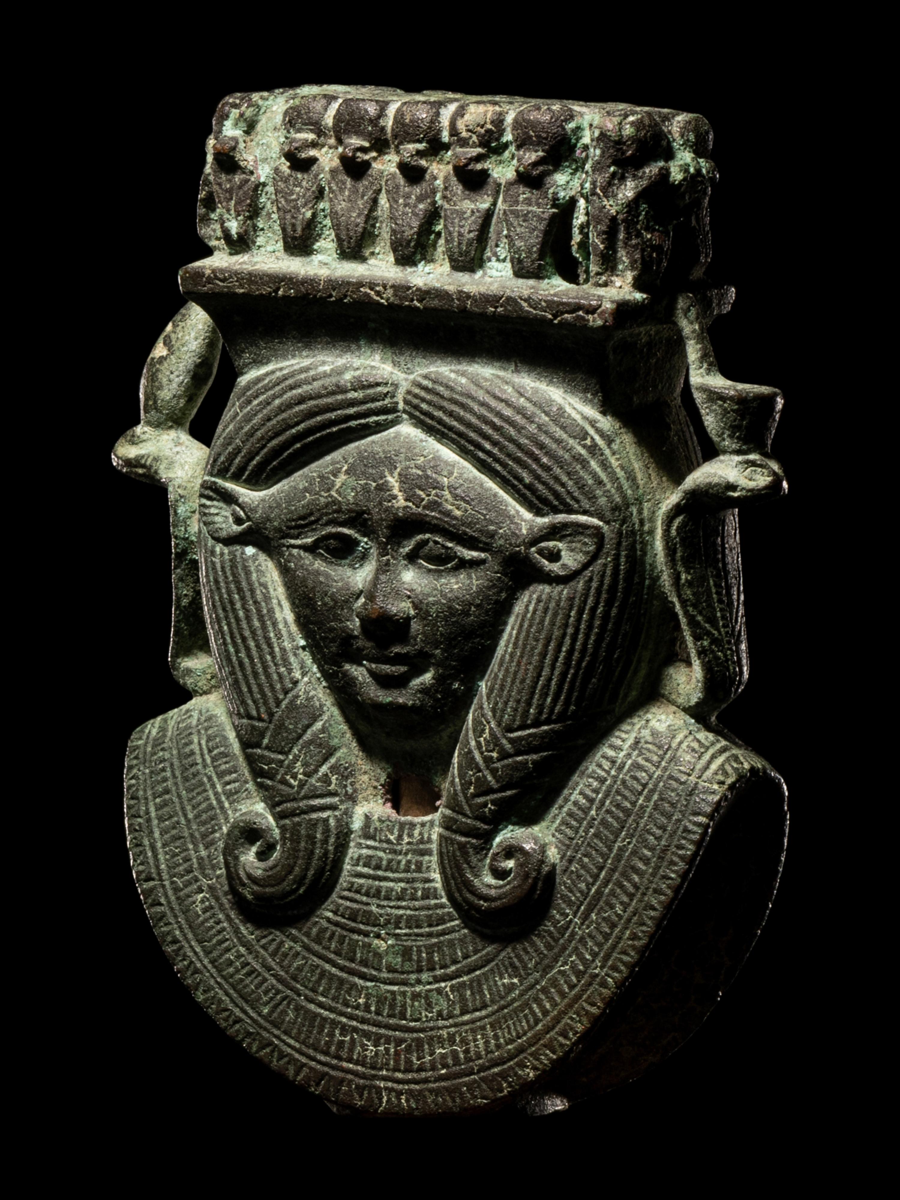 An Egyptian Bronze Hathor Sistrum Terminal