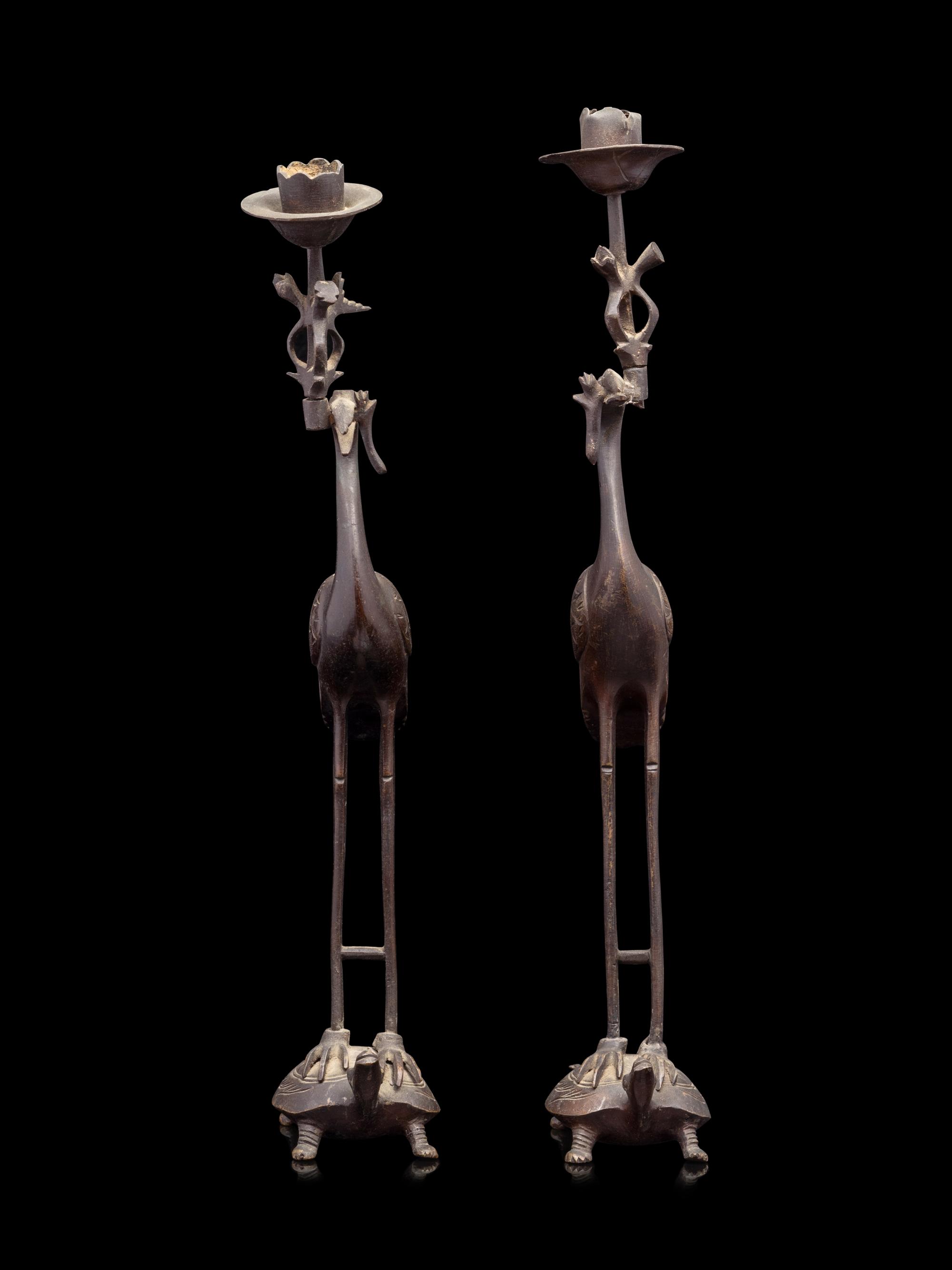 A Japanese Bronze Incense Burner and A Pair of Crane-Form Candle Holders