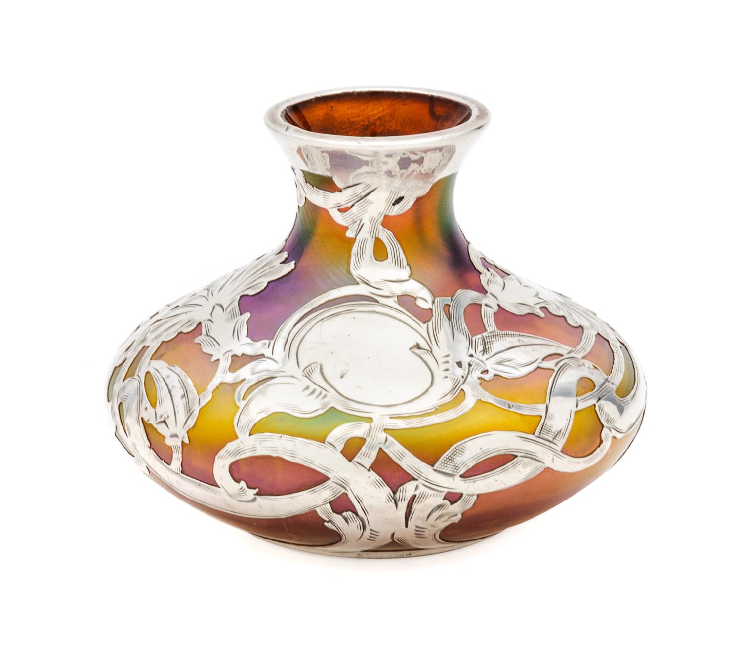 An Iridescent Silver Overlay Glass Vase, likely Loetz Height 2 1/2 inches.