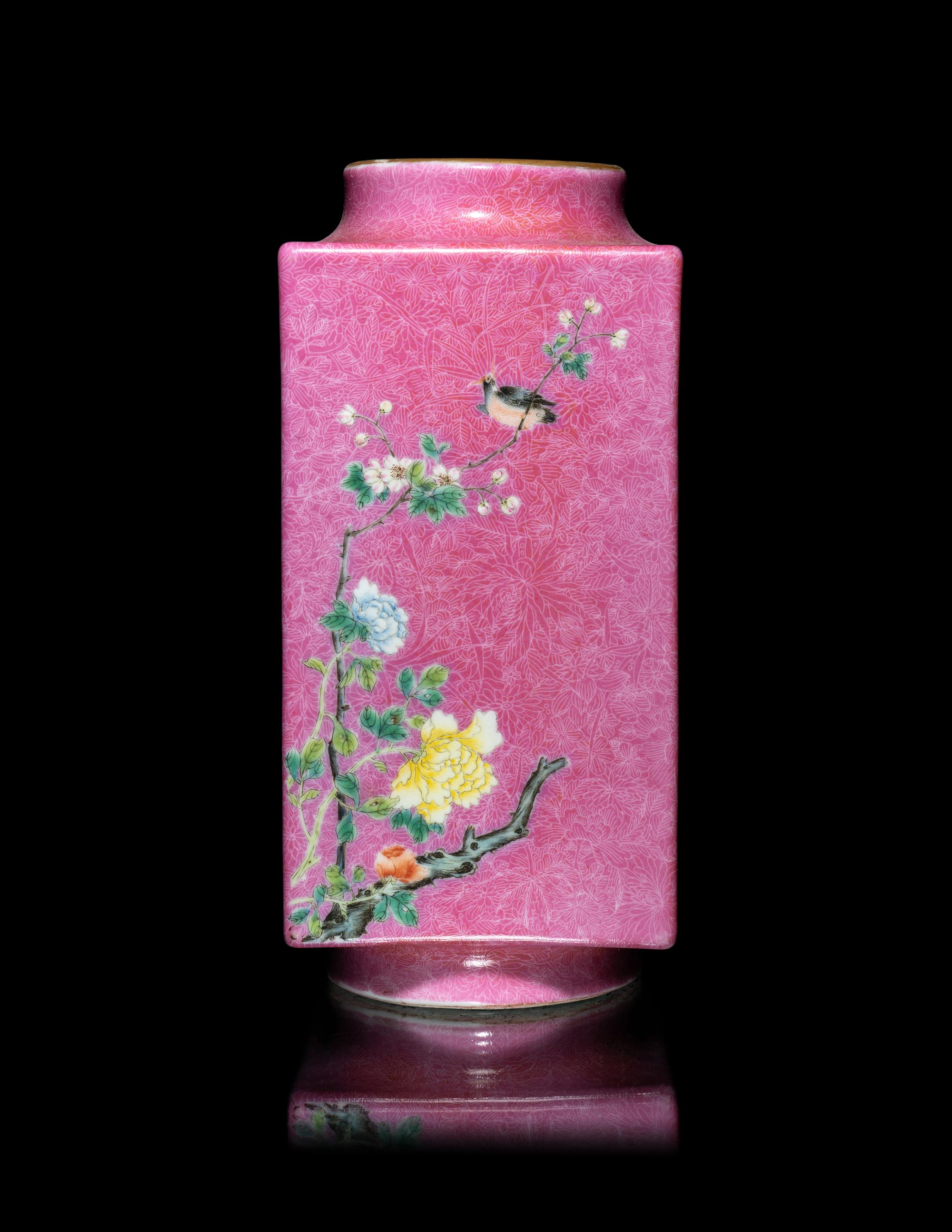 A Chinese Pink Glazed Sgraffito Ground Famille Rose Porcelain Cong Vase