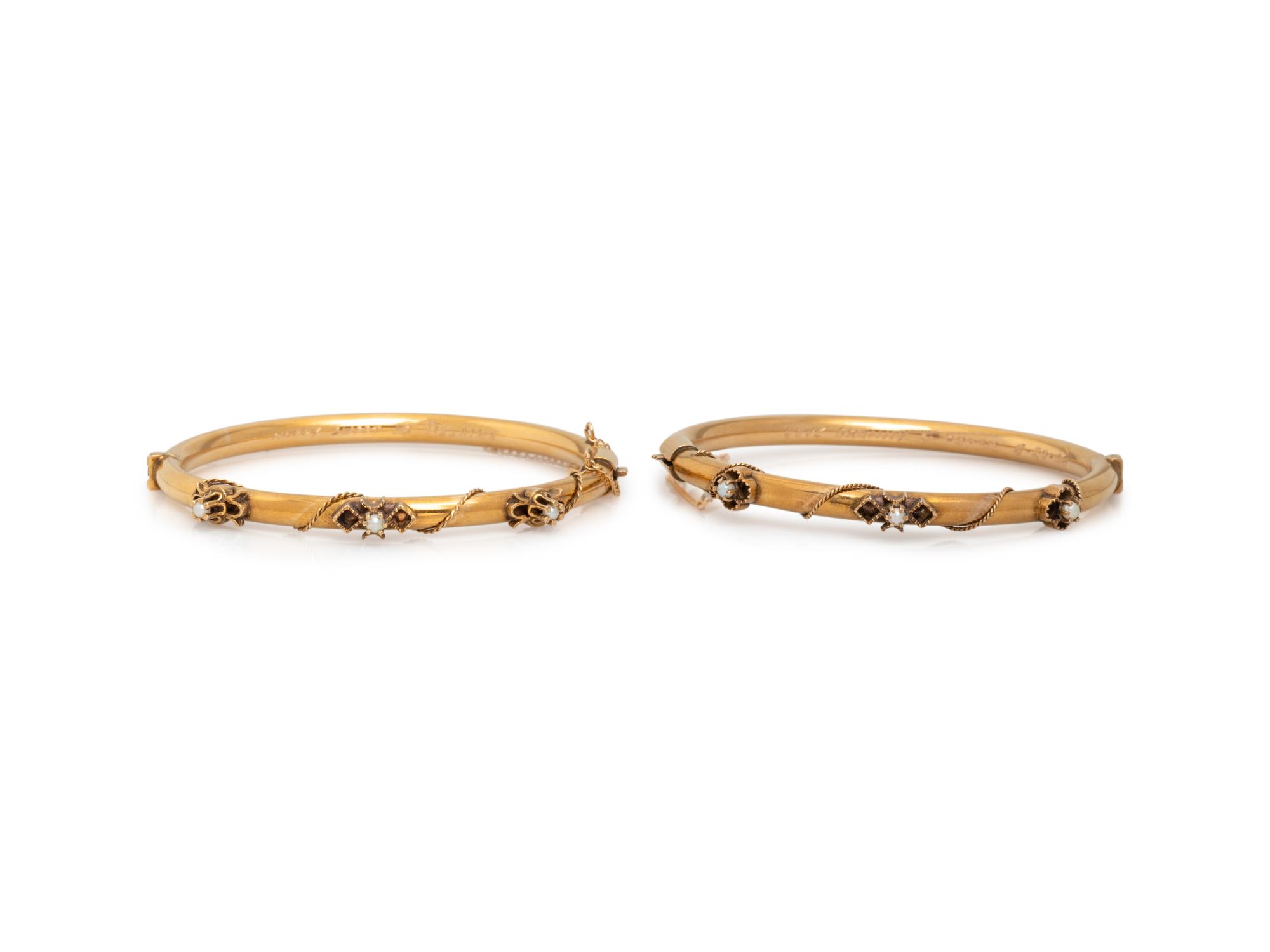 YELLOW GOLD AND SEED PEARL BANGLE BRACELET SET