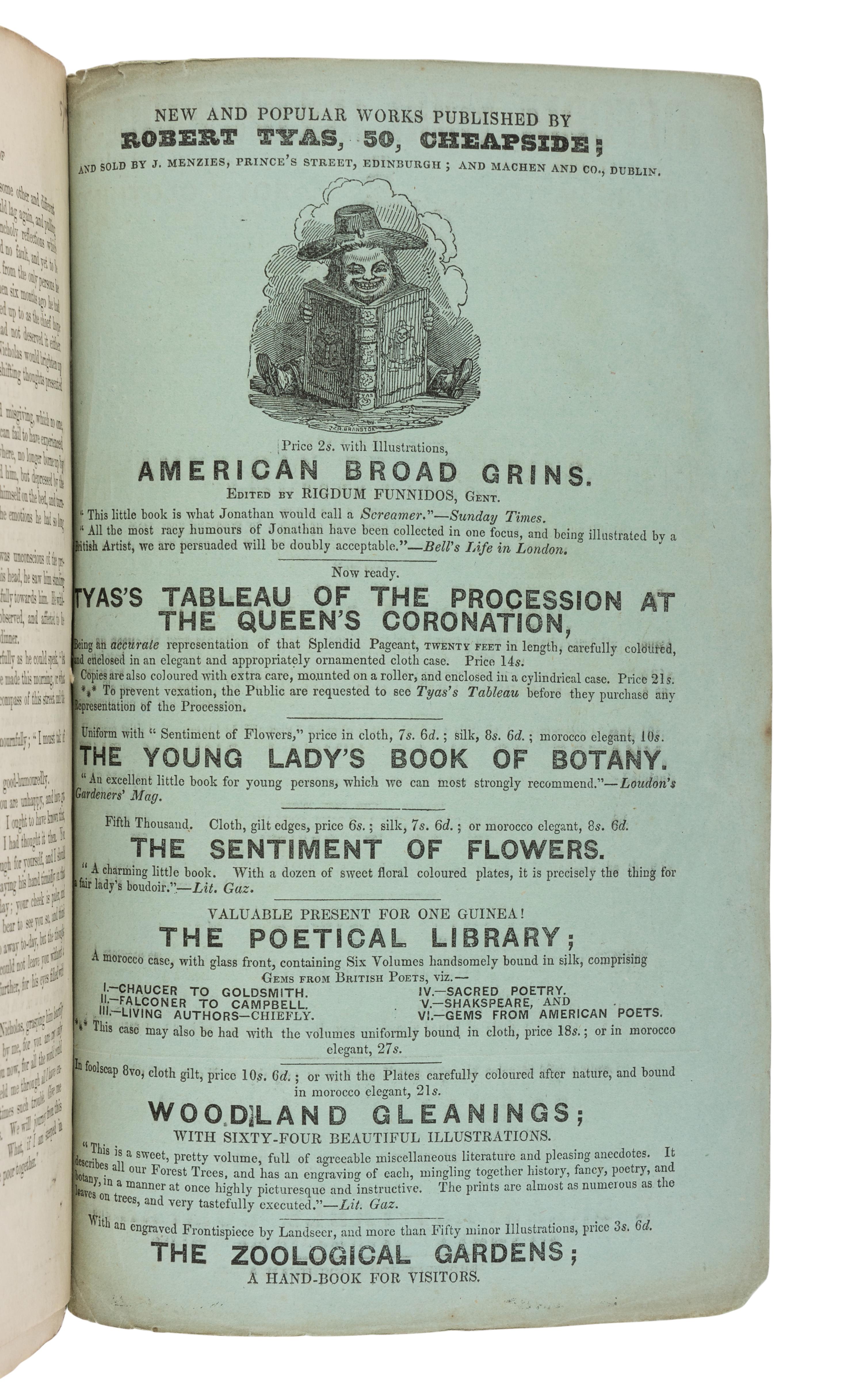 DICKENS, Charles (1812-1870). The Life and Adventures of Nicholas Nickleby . London: Chapman & Hall, April 1838 - October 1839.