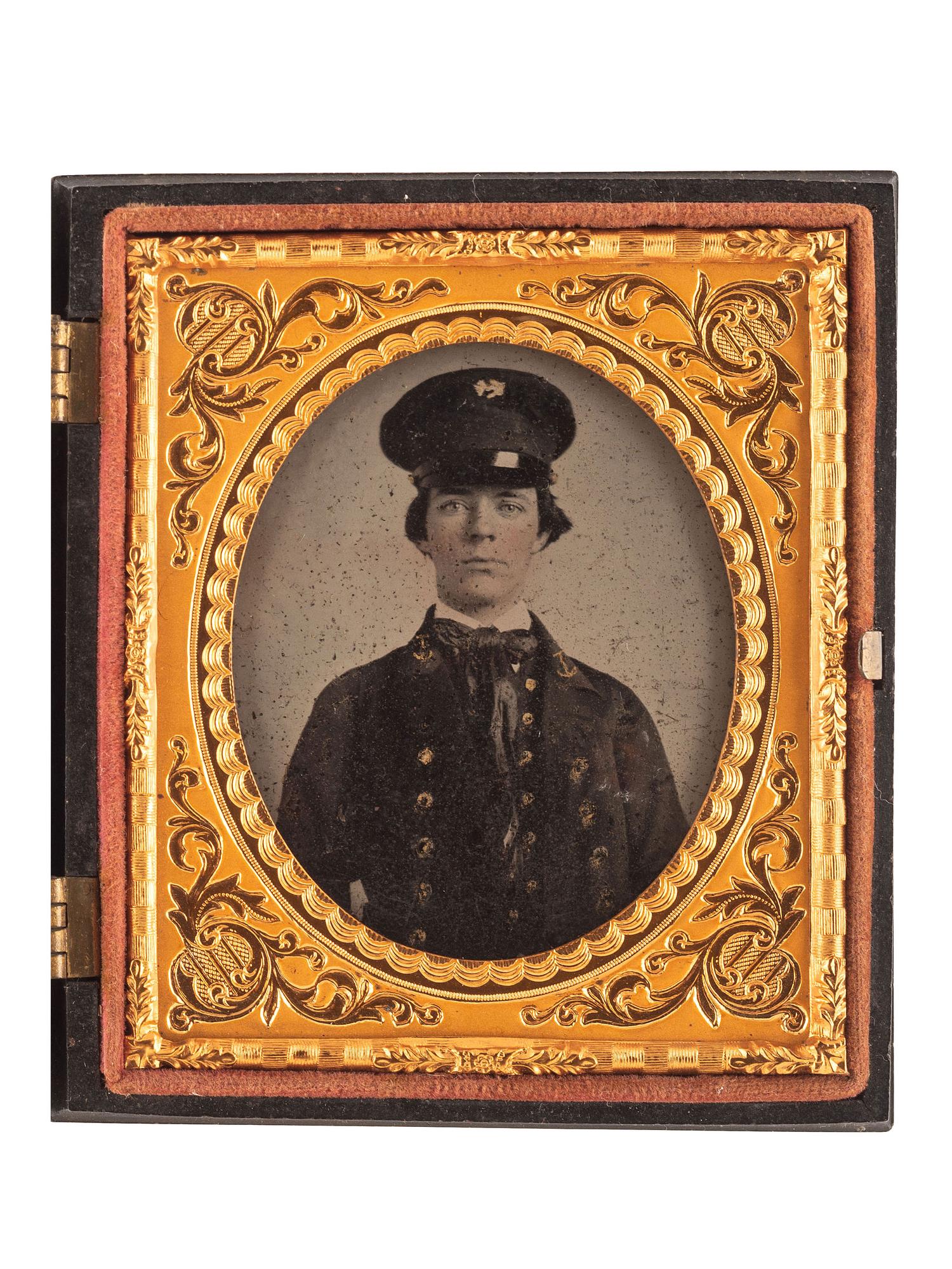 [CIVIL WAR]. Sixth plate ambrotype of Annapolis Naval Cadet Roswell Morey housed in Union case with patriotic motif.