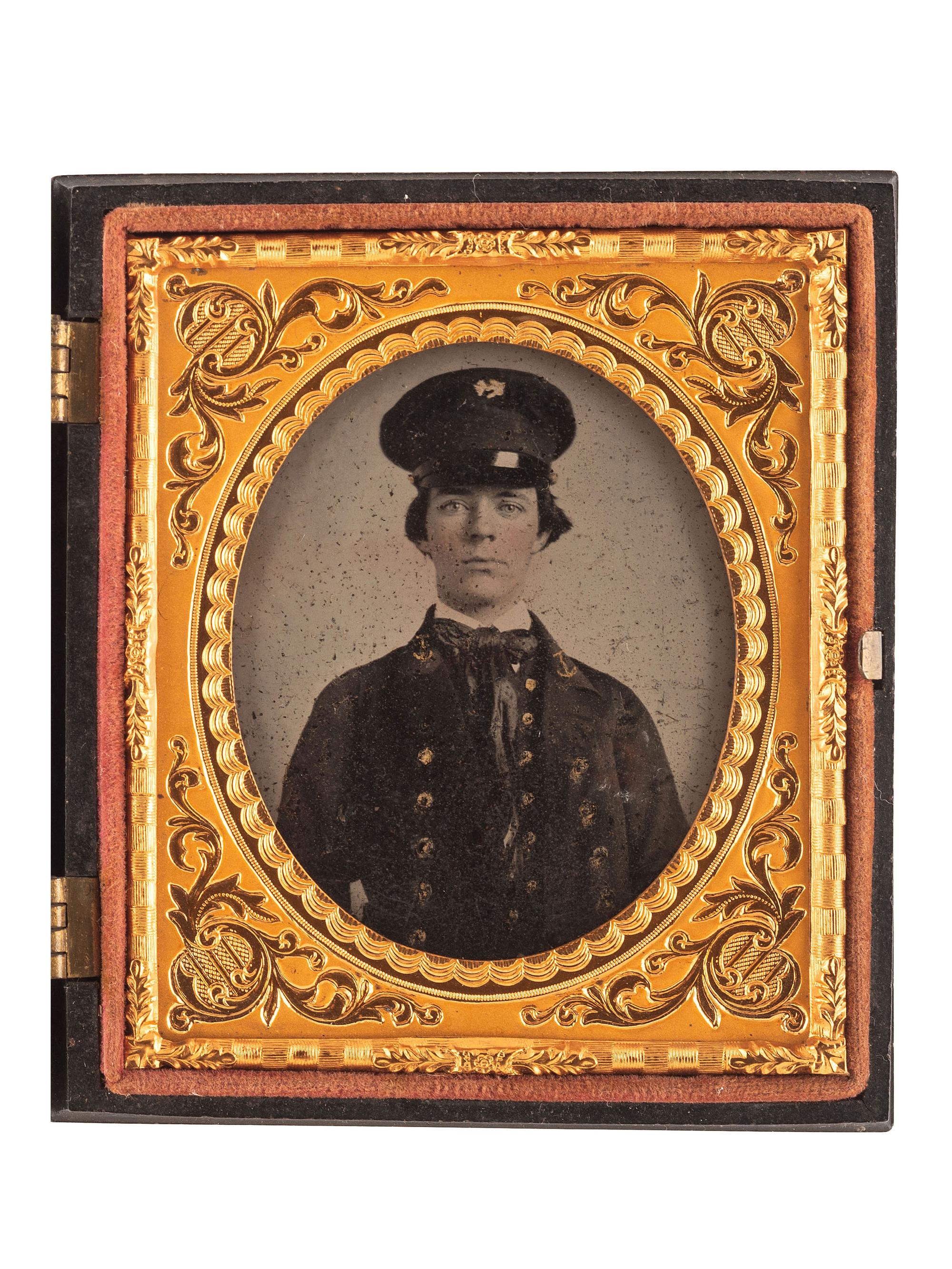 [CIVIL WAR]. Sixth plate ambrotype of Annapolis Naval Cadet Roswell Morey housed in Union case with patriotic motif.