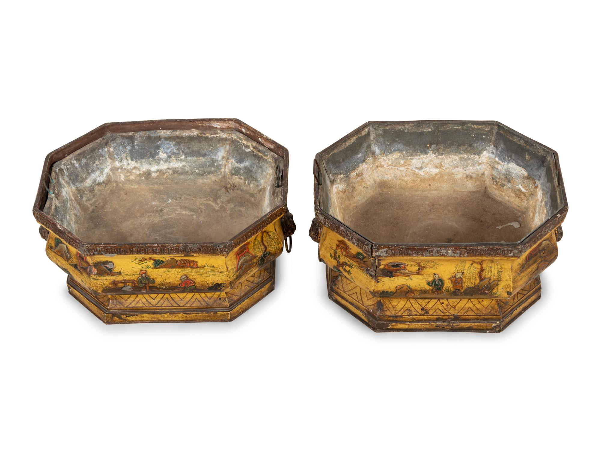 A Pair of Continental Tôle Peinte and Lead Jardinières