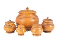 Five Turned Maple Peaseware Covered Jars