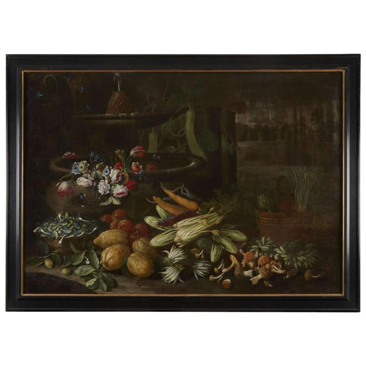 NEAPOLITAN SCHOOL (17TH CENTURY) STILL LIFE WITH FLOWERS, FRUITS AND VEGETABLES BESIDE A FOUNTAIN IN A VILLA GARDEN; TOGETHER WITH A COMPANION