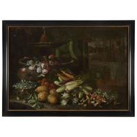 NEAPOLITAN SCHOOL (17TH CENTURY) STILL LIFE WITH FLOWERS, FRUITS AND VEGETABLES BESIDE A FOUNTAIN IN A VILLA GARDEN; TOGETHER WITH A COMPANION