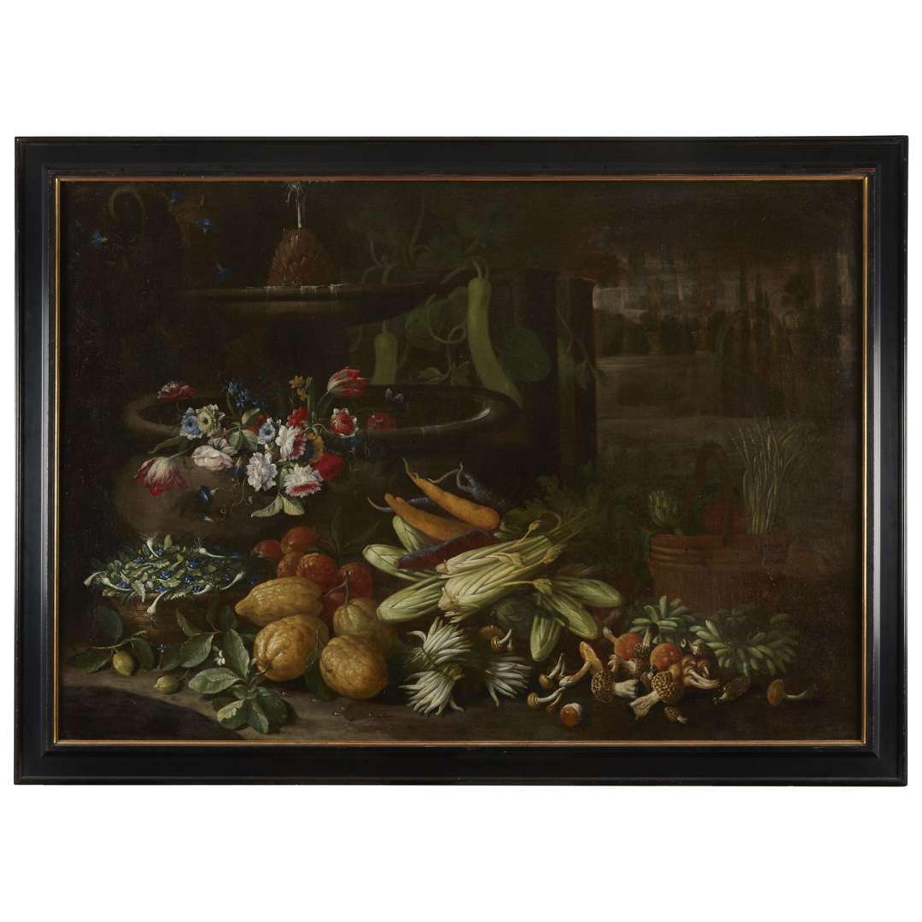 NEAPOLITAN SCHOOL (17TH CENTURY) STILL LIFE WITH FLOWERS, FRUITS AND VEGETABLES BESIDE A FOUNTAIN IN A VILLA GARDEN; TOGETHER WITH A COMPANION