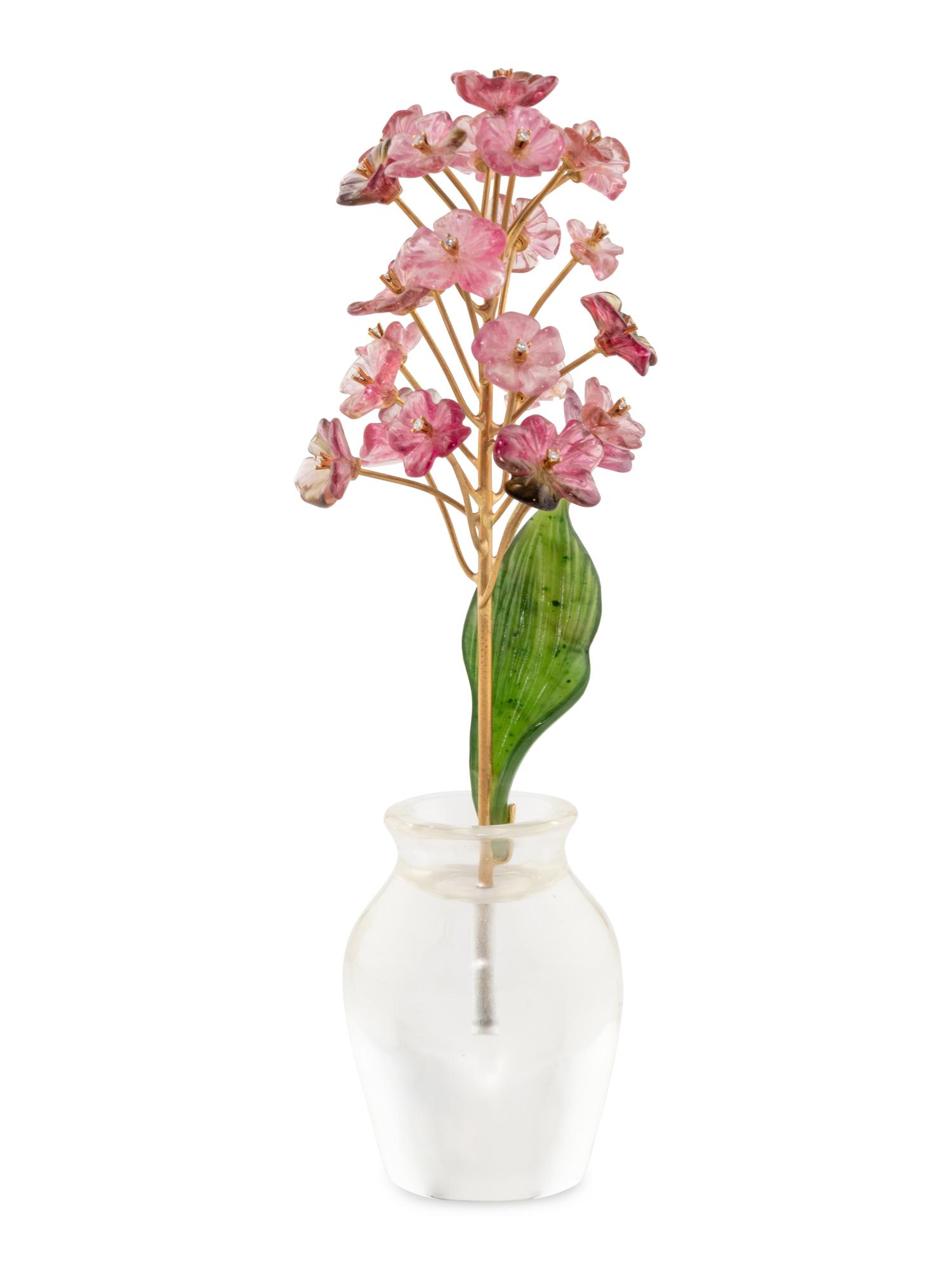 A Diamond Mounted Carved Rock Crystal, Nephrite, Tourmaline and 18-Karat Gold Cherry Blossom Flower Study