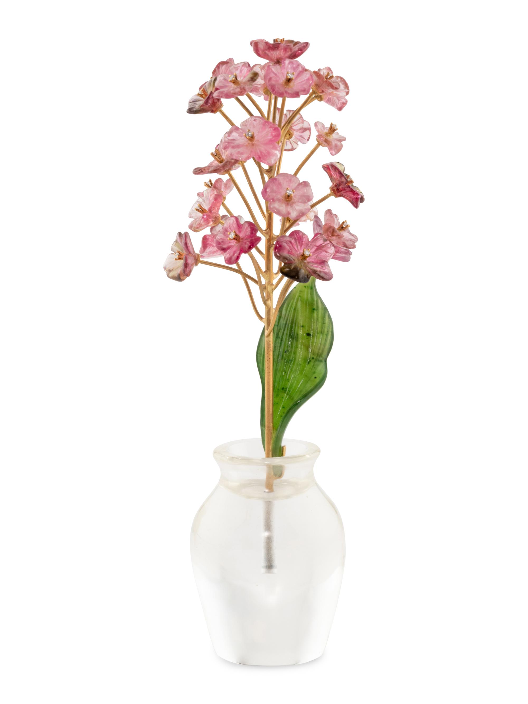 A Diamond Mounted Carved Rock Crystal, Nephrite, Tourmaline and 18-Karat Gold Cherry Blossom Flower Study
