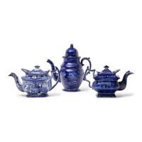 Two Staffordshire Historical Blue Teapots and a Coffeepot