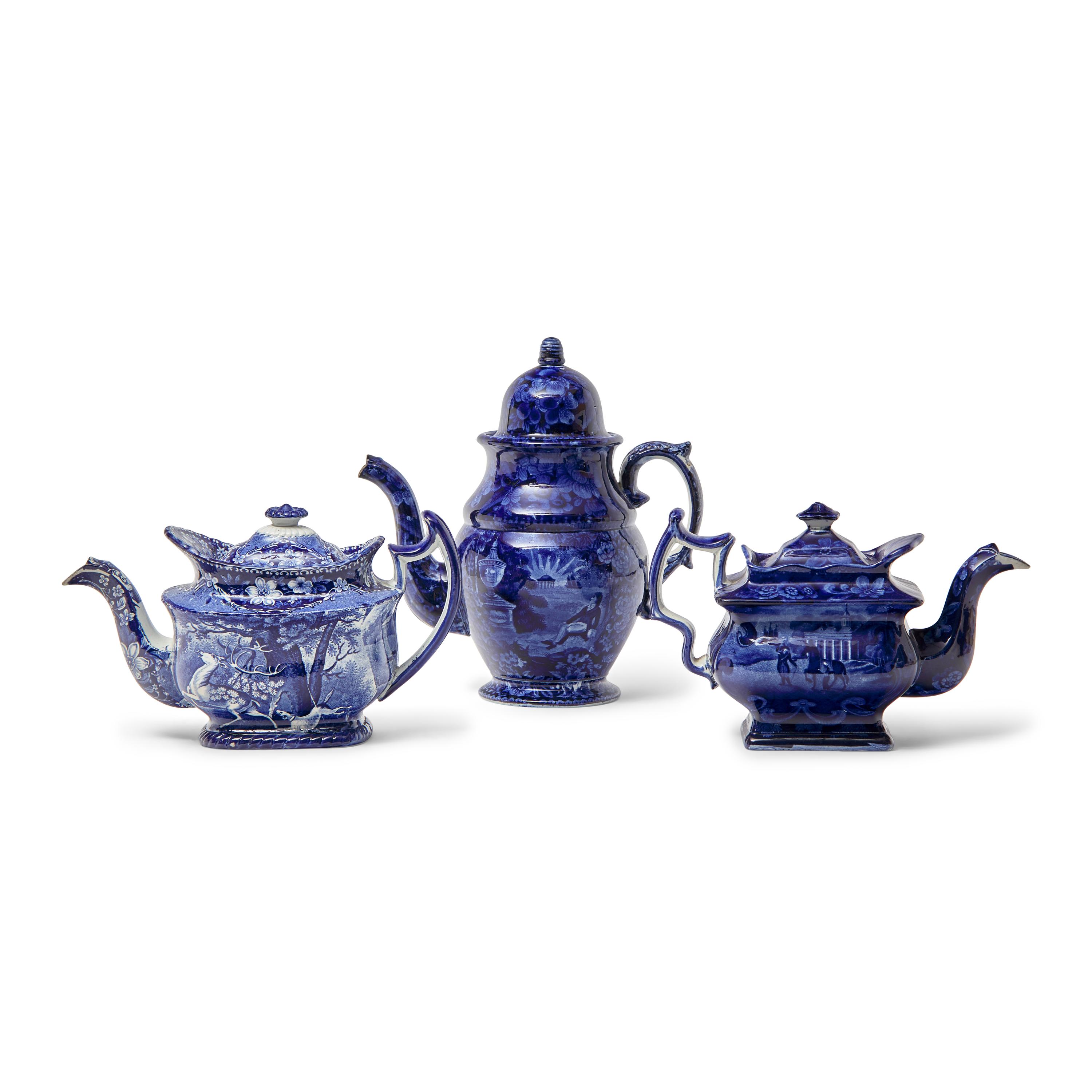 Two Staffordshire Historical Blue Teapots and a Coffeepot