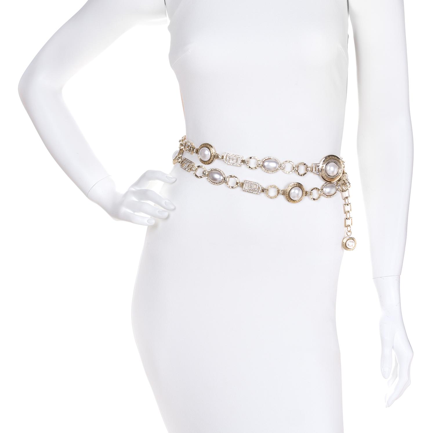 A Gianni Versace Pearl and Rhinestone Greco Link Belt, Length: 52.25"- 57.25".