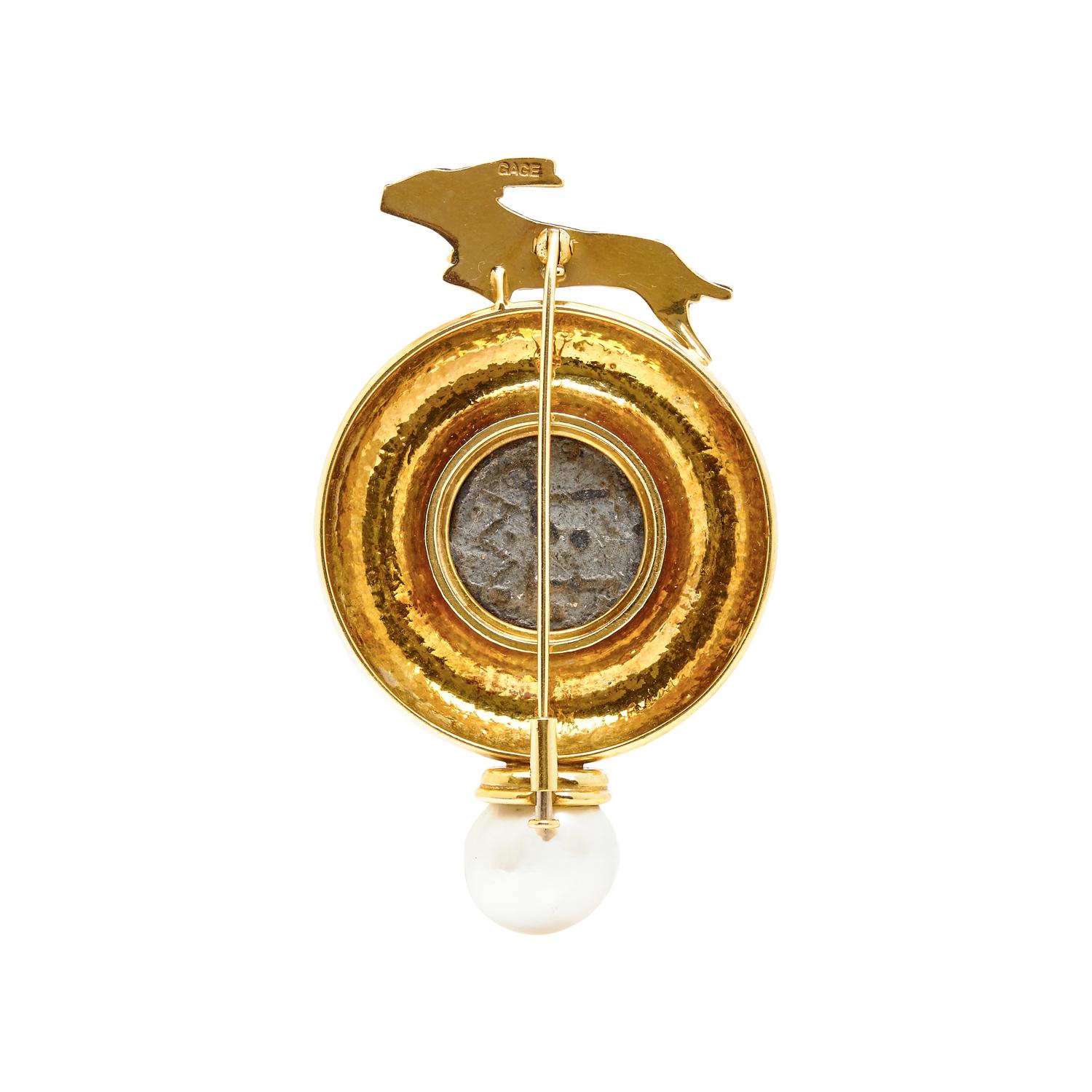 ELIZABETH GAGE, YELLOW GOLD, ENAMEL, AND CULTURED PEARL HARE BROOCH