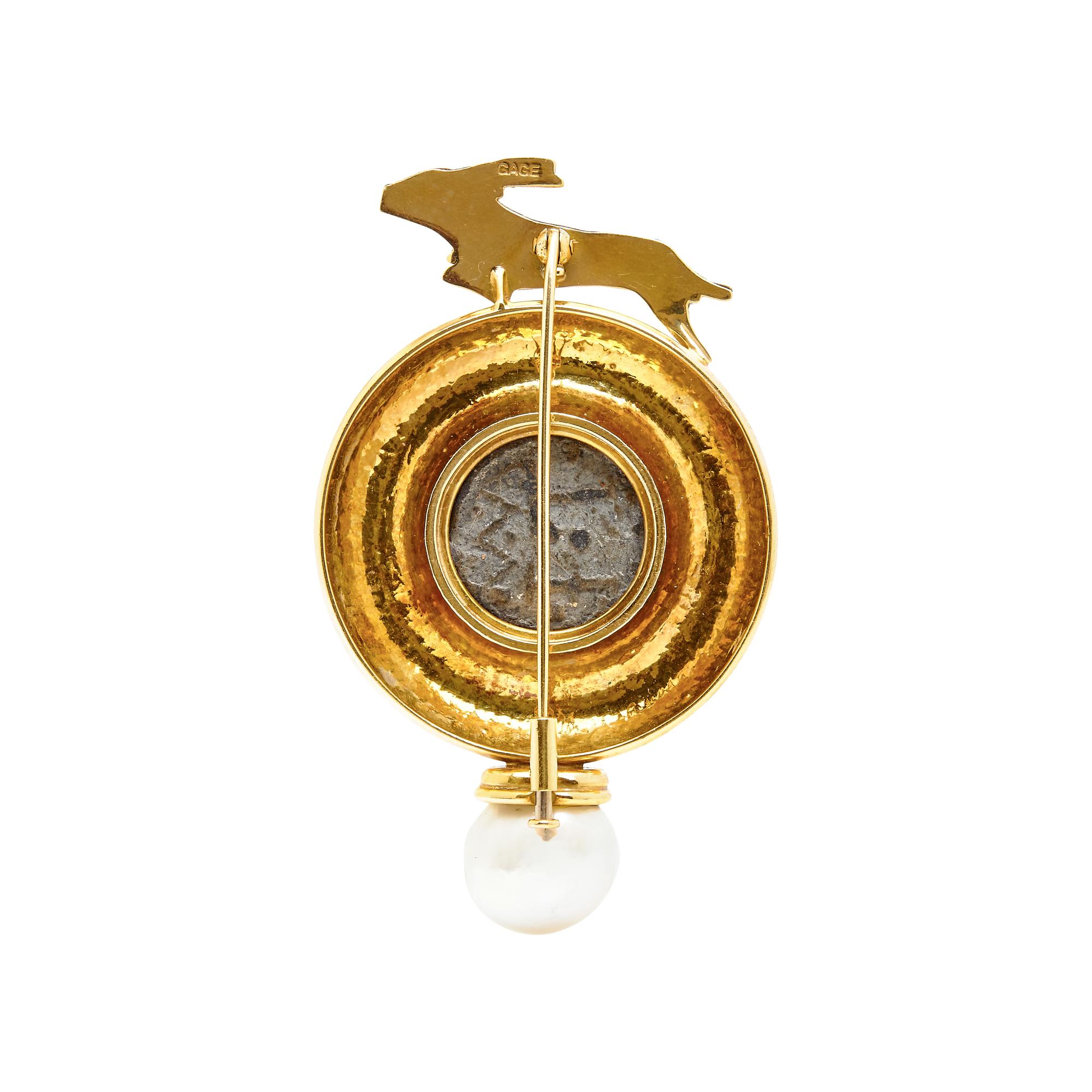 ELIZABETH GAGE, YELLOW GOLD, ENAMEL, AND CULTURED PEARL HARE BROOCH