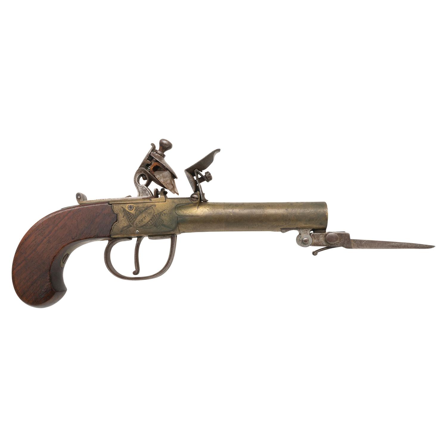 English Brass Box Lock Flint Pocket Pistol by I Hill with Snap Bayonet