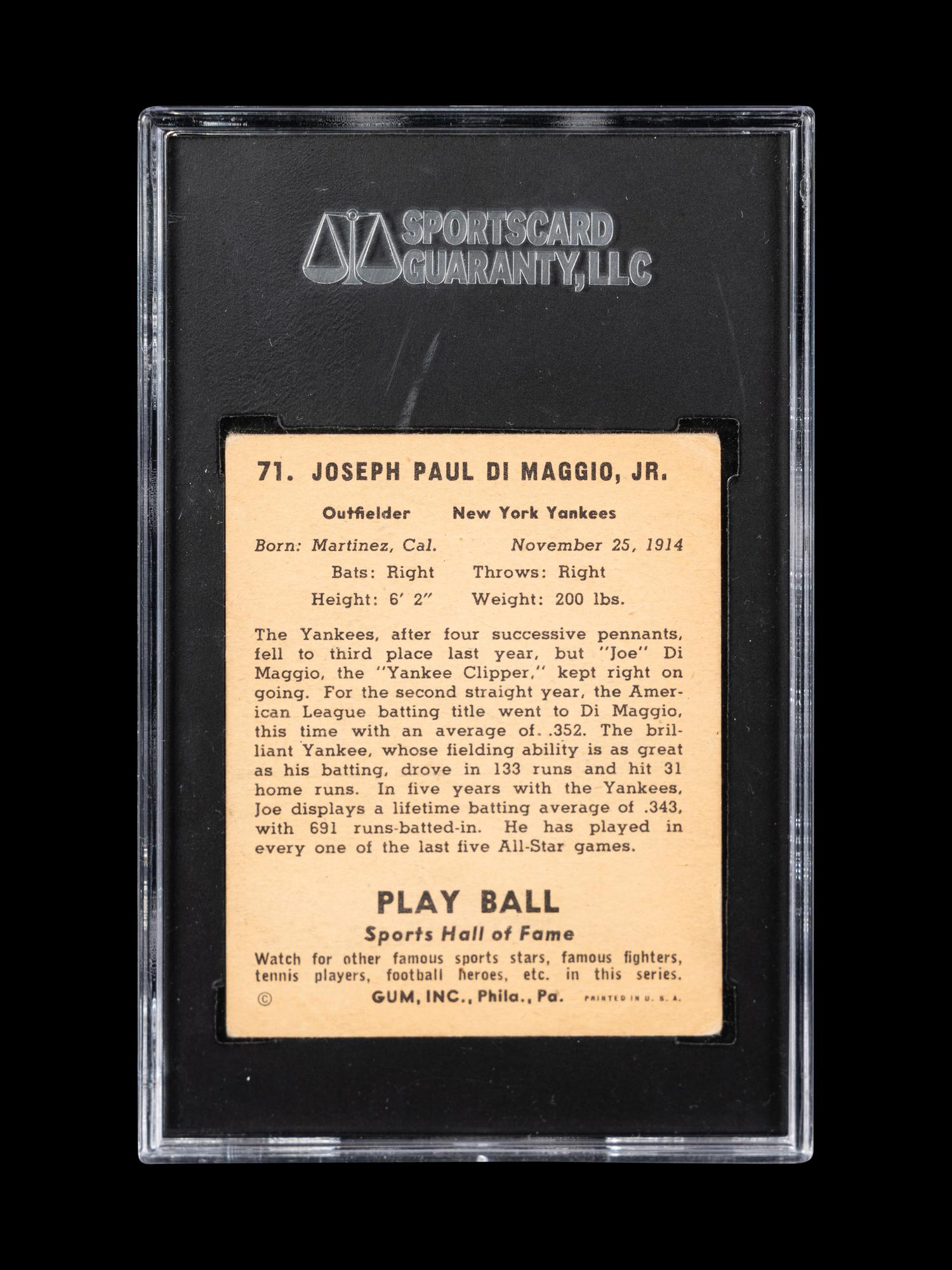 A 1941 Play Ball Joe DiMaggio Baseball Card No. 71 (SGC 2.5 GOOD+)
