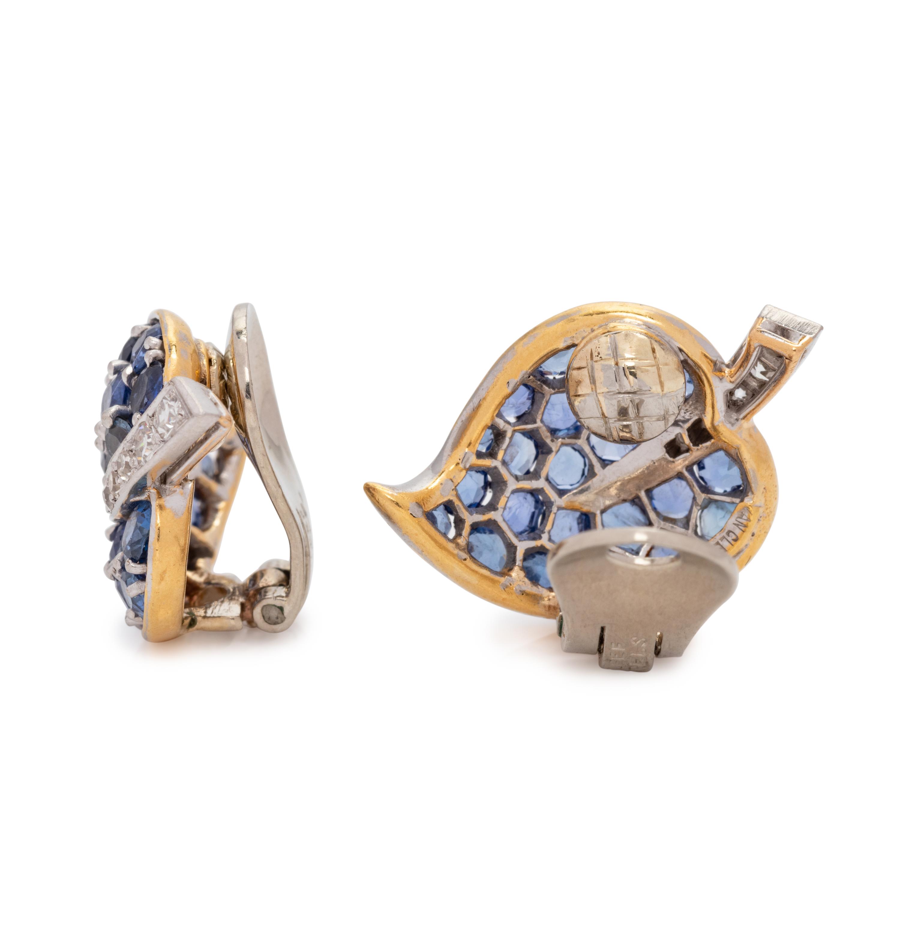VAN CLEEF & ARPELS, RETRO, SAPPHIRE AND DIAMOND 'FEUILLES' EARCLIPS