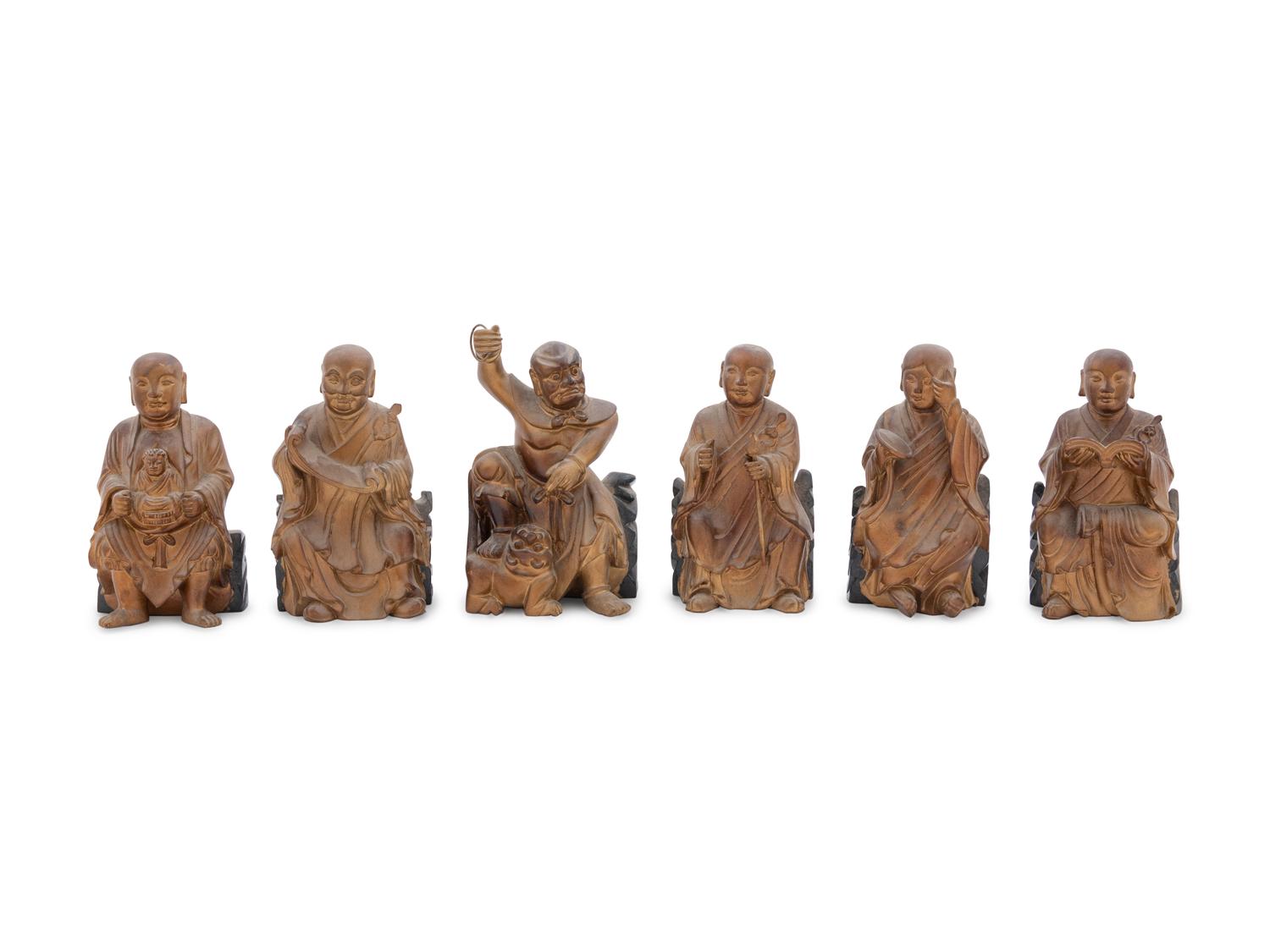 Eighteen Carved Wood and Gilts Figures of Luohans