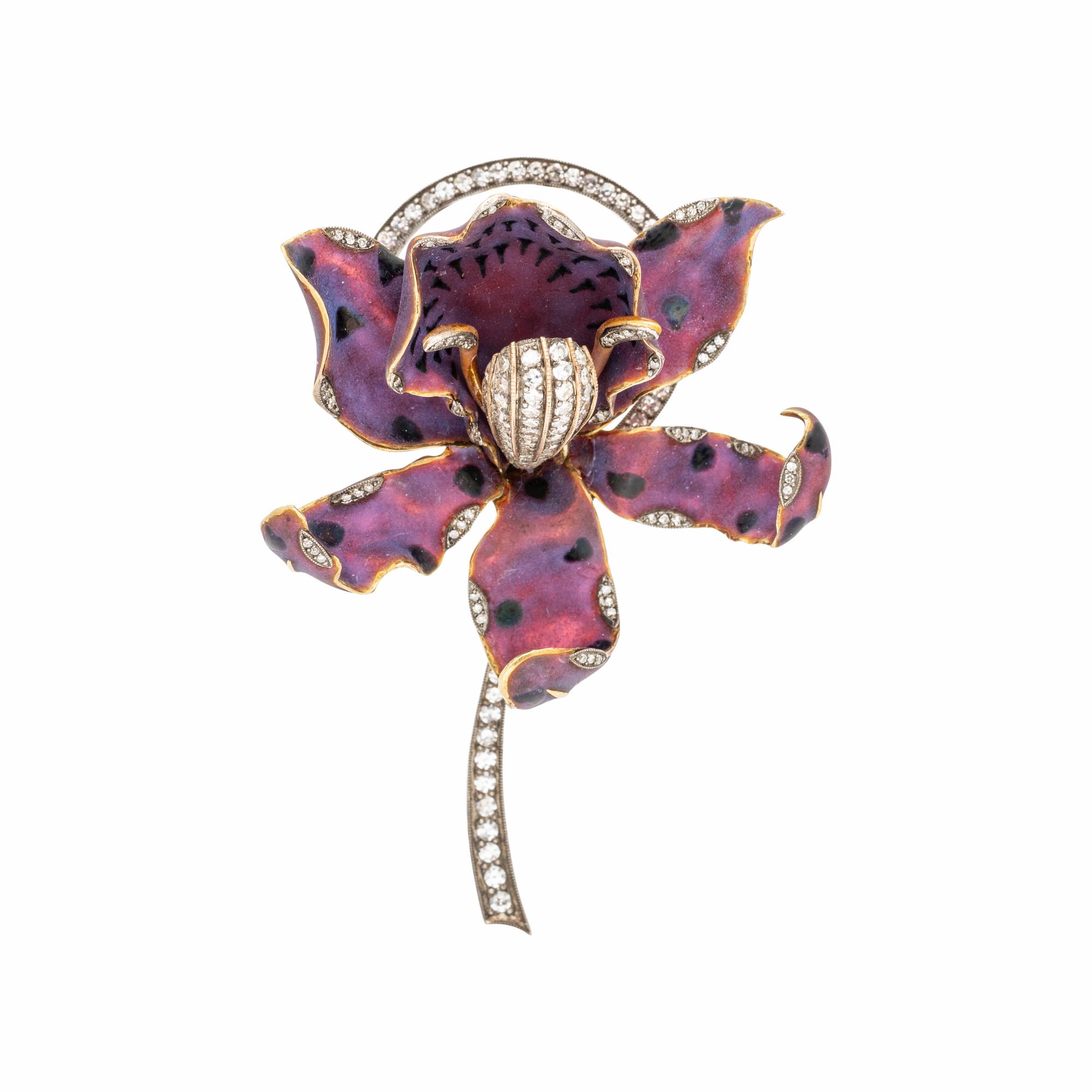 AVEDIS KENDIR, SILVER-TOPPED GOLD, ENAMEL AND DIAMOND CORSAGE BROOCH