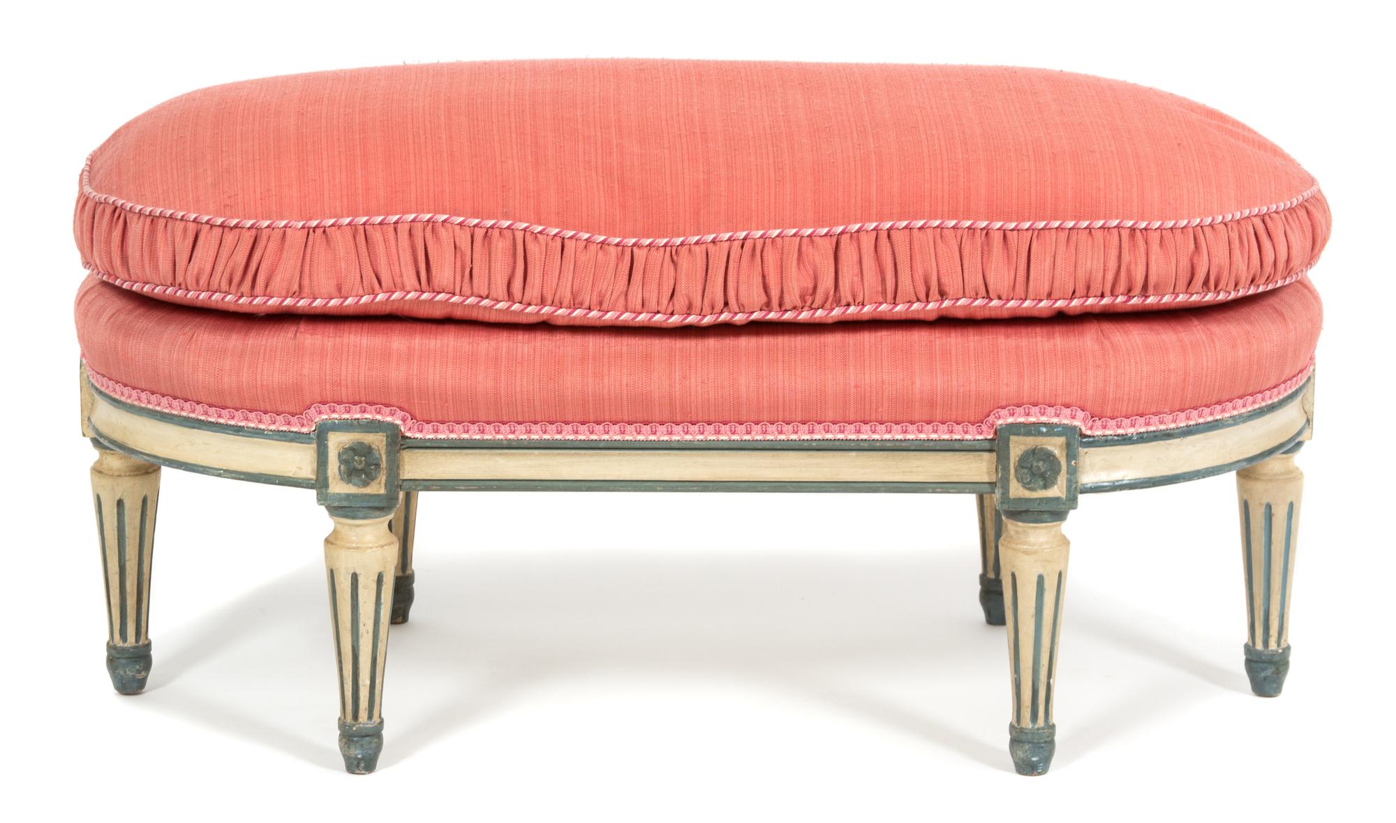 A Louis XVI Style Carved and Painted Oval Tabouret Height 16 x width 32 x depth 14 1/2 inches. — 20TH CENTURY