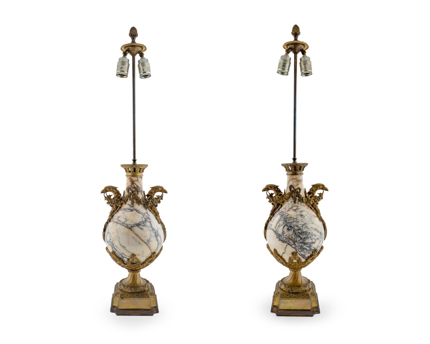 A Pair of French Gilt Bronze and Marble Urns — 19TH/20TH CENTURY