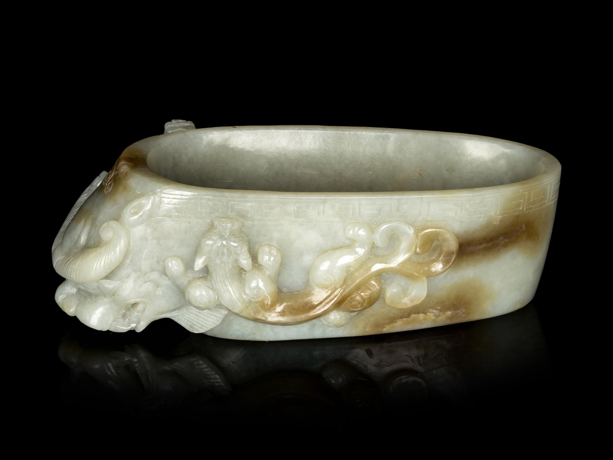 A Chinese Celadon Jade ' Chilong' Brush Washer