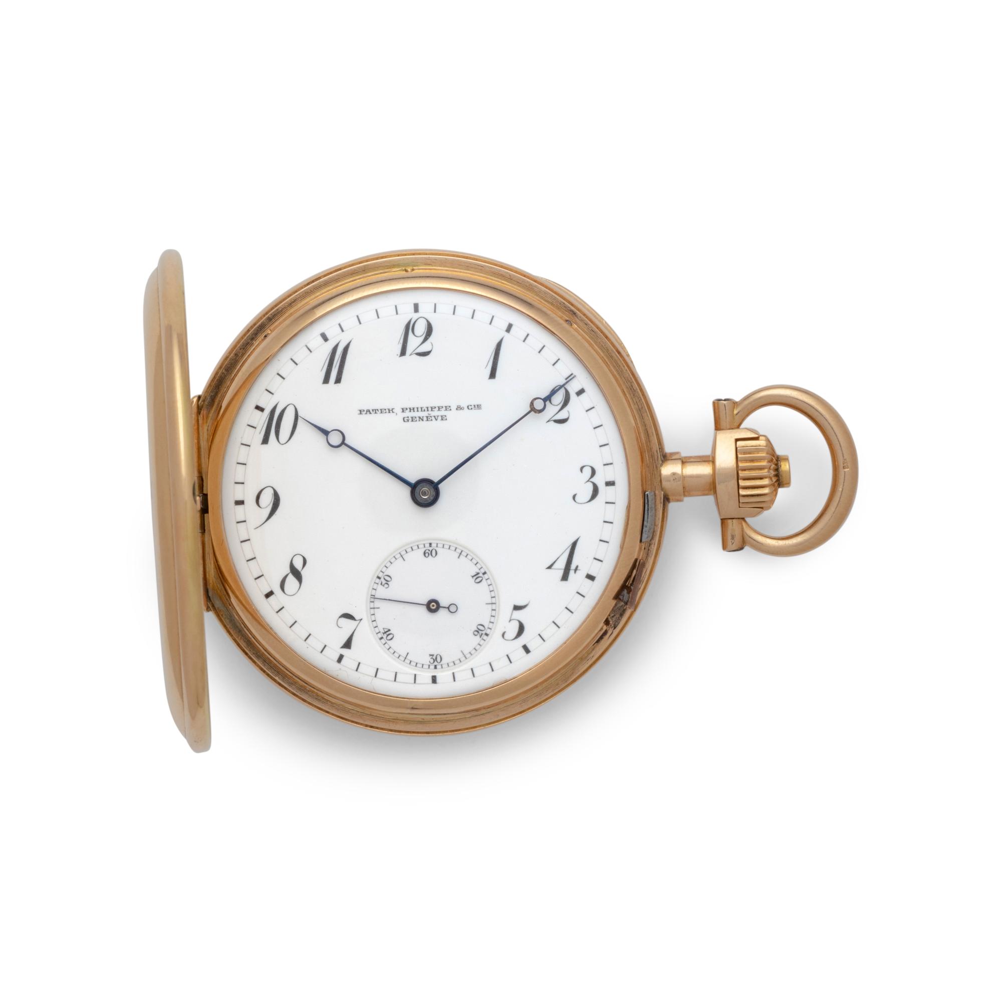 PATEK PHILIPPE & CIE., 18K YELLOW GOLD HUNTING CASED LEVEL WITH ENAMEL IMPERIAL ARMS OF EMPEROR FRANZ JOSEPH OF AUSTRIA POCKET WATCH