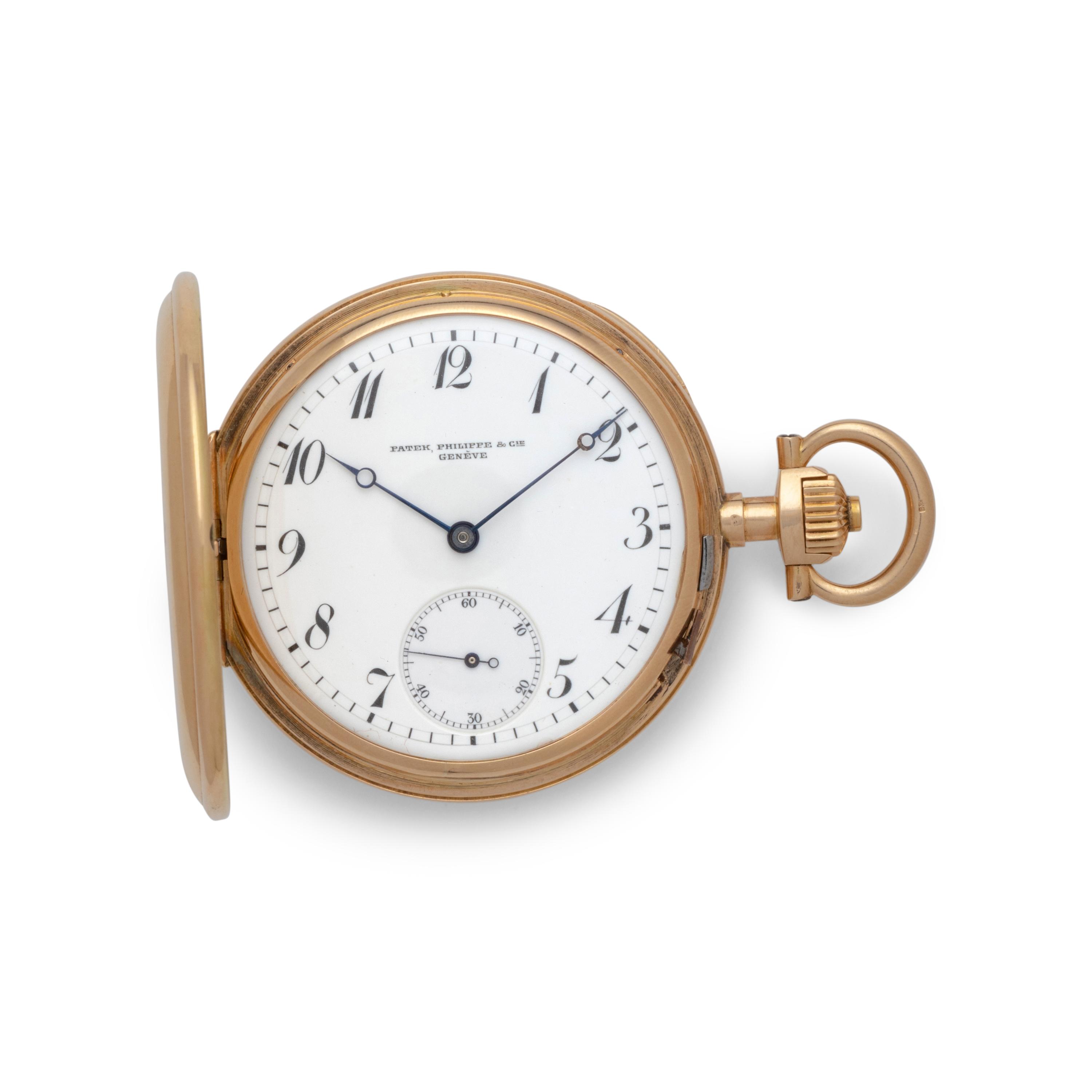 PATEK PHILIPPE & CIE., 18K YELLOW GOLD HUNTING CASED LEVEL WITH ENAMEL IMPERIAL ARMS OF EMPEROR FRANZ JOSEPH OF AUSTRIA POCKET WATCH