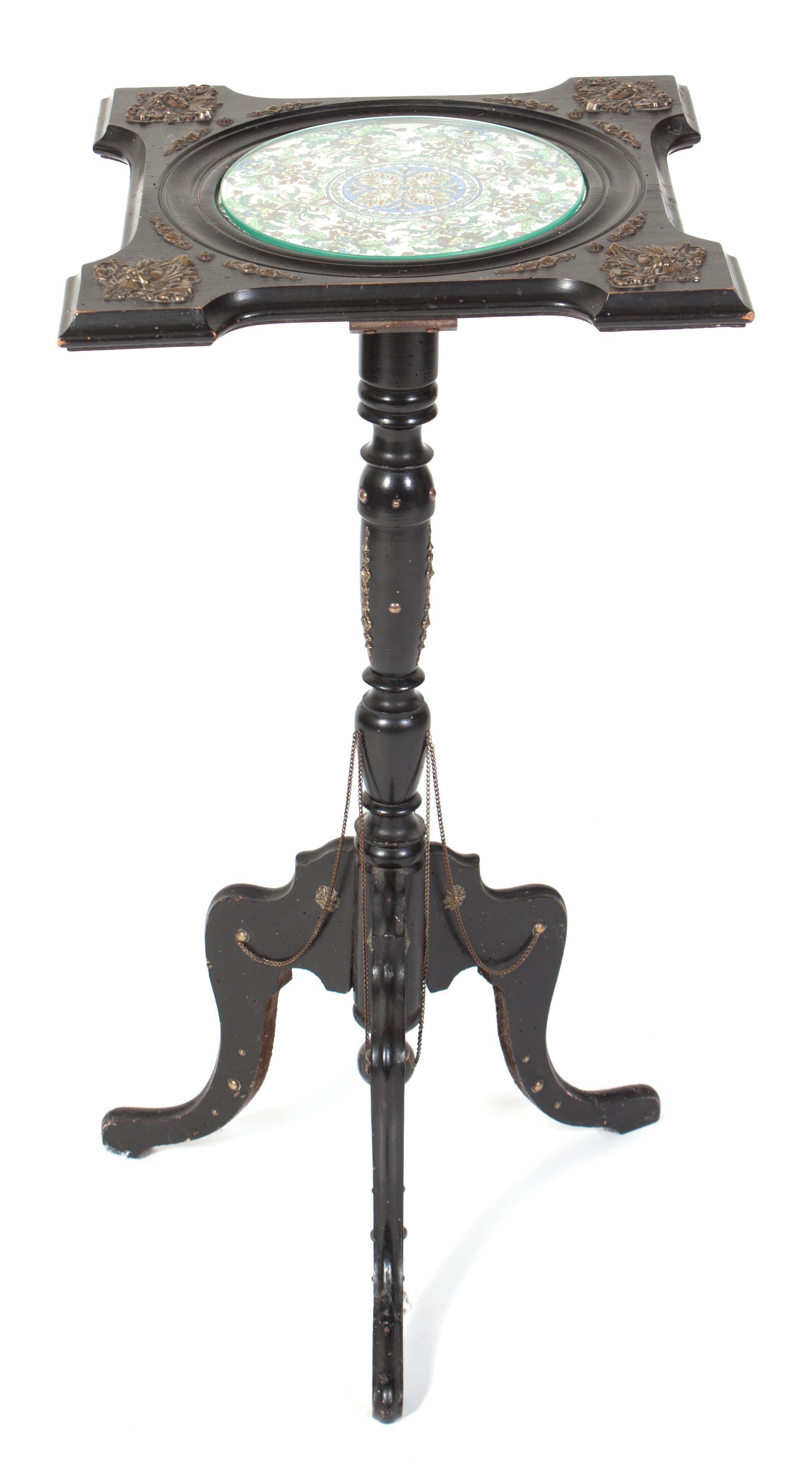 A Victorian Brass Mounted and Ceramic Inset Pedestal Height 30 inches.