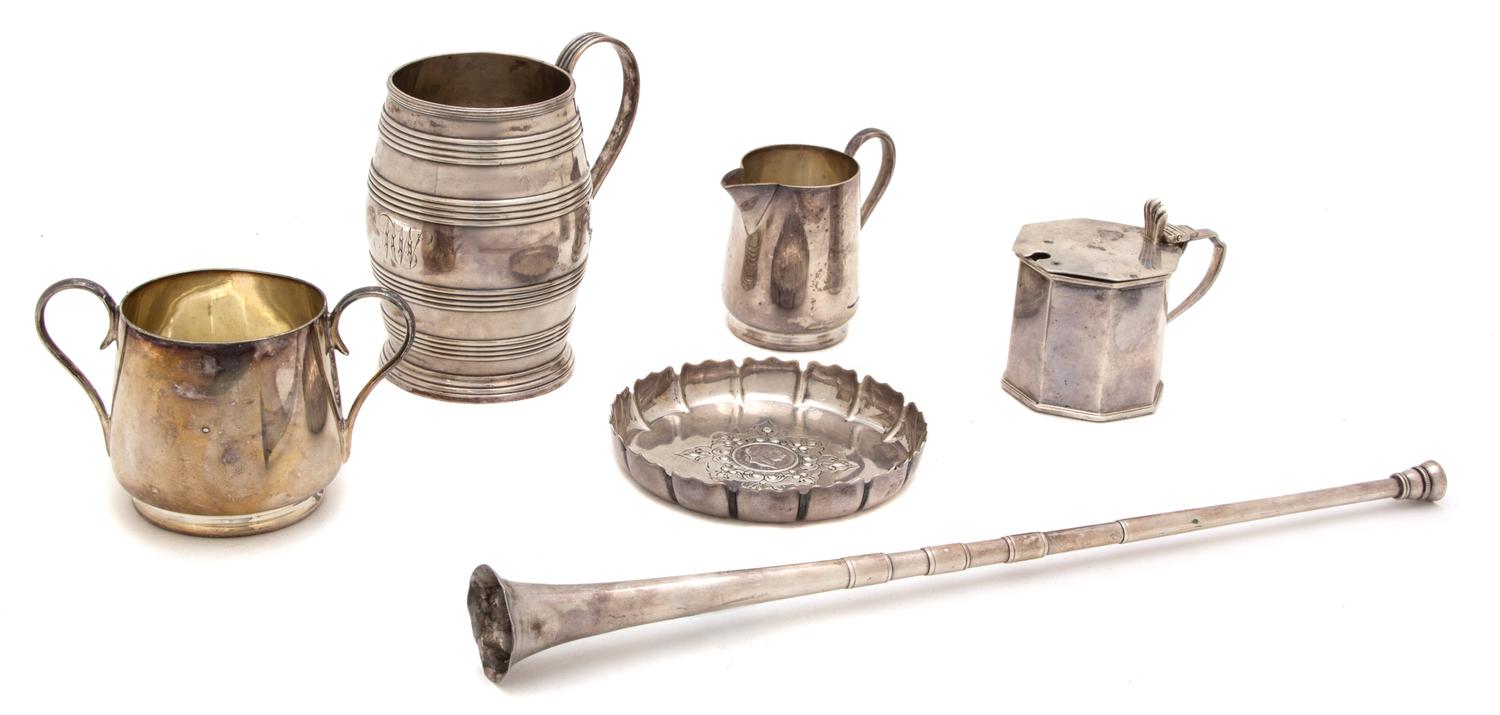 A Group of Six English Silver Articles, Various Makers, comprising a lidded condiment jar with glass liner, a barrel-form cup, a trumpe