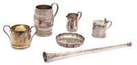 A Group of Six English Silver Articles, Various Makers, comprising a lidded condiment jar with glass liner, a barrel-form cup, a trumpe