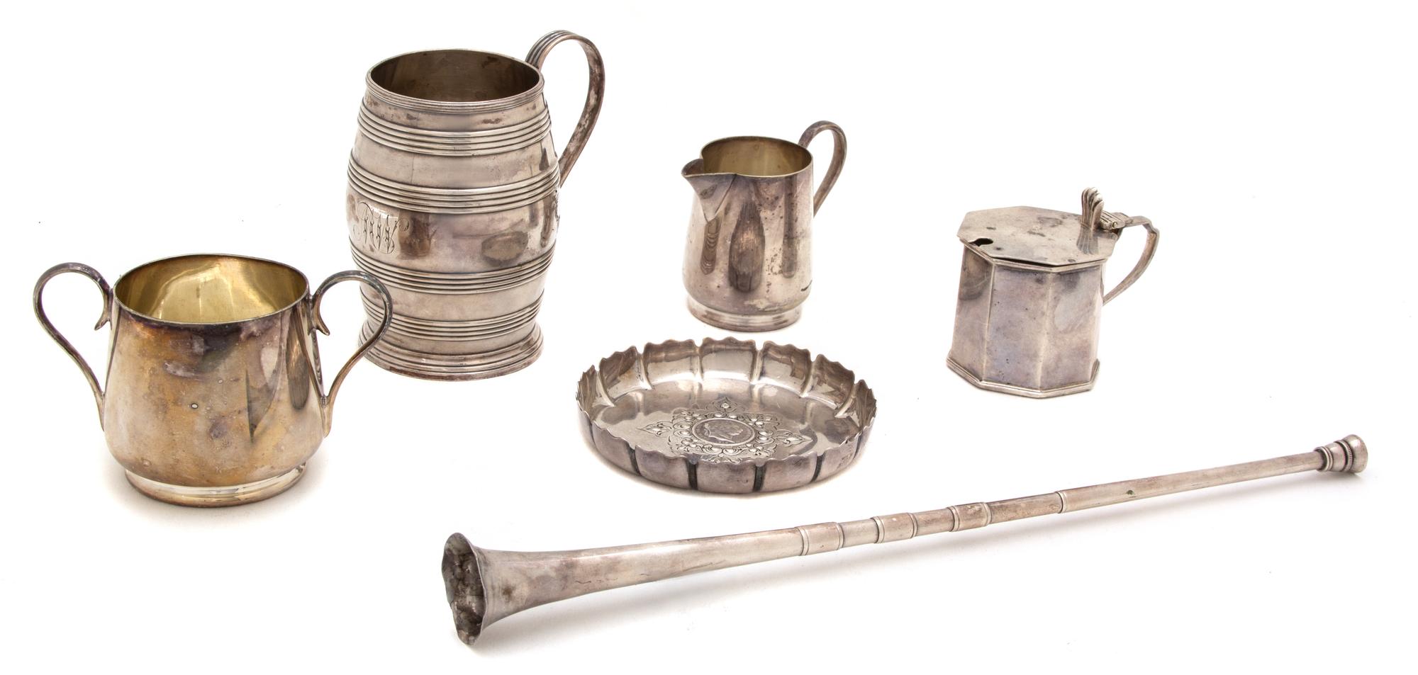 A Group of Six English Silver Articles, Various Makers, comprising a lidded condiment jar with glass liner, a barrel-form cup, a trumpe