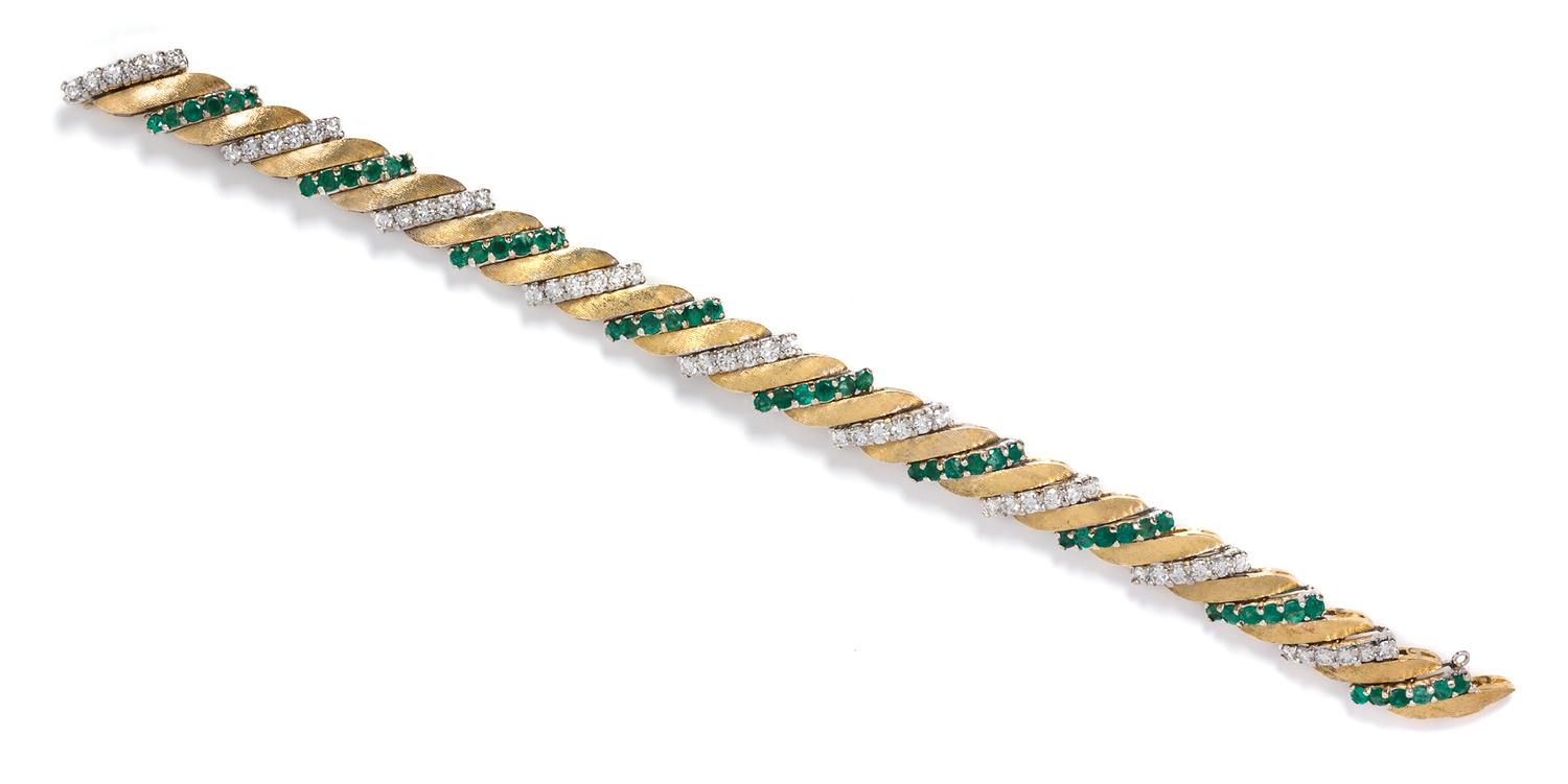 An 18 Karat Yellow Gold, Platinum, Emerald and Diamond Bracelet, 26.90 dwts.
