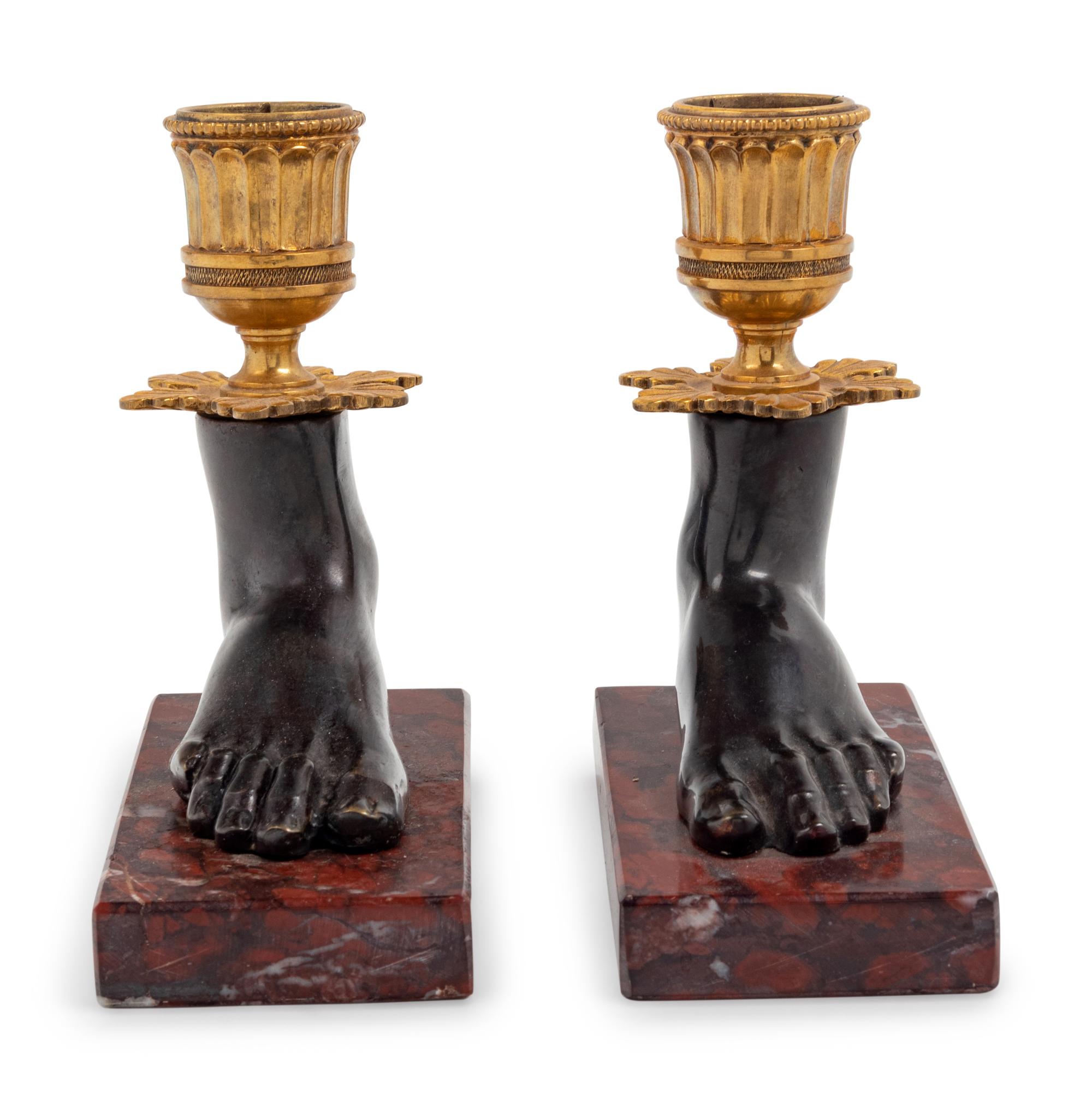 A Pair of Empire Style Gilt Bronze Mounted Figural Candelabra