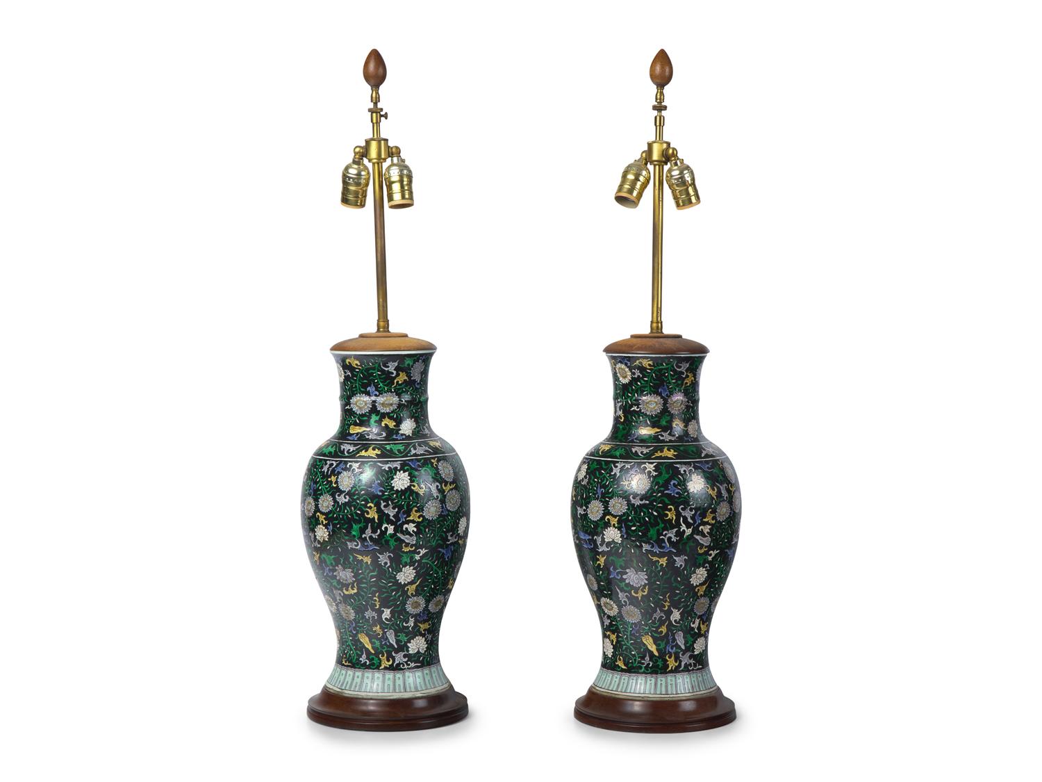 A Pair of Chinese Export Porcelain Famille-Noire Vases Mounted as Lamps