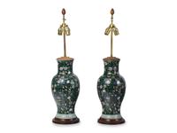 A Pair of Chinese Export Porcelain Famille-Noire Vases Mounted as Lamps